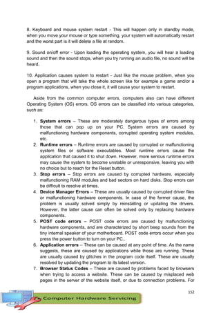 152
8. Keyboard and mouse system restart - This will happen only in standby mode,
when you move your mouse or type something, your system will automatically restart
and the worst part is it will delete a file at random.
9. Sound on/off error - Upon loading the operating system, you will hear a loading
sound and then the sound stops, when you try running an audio file, no sound will be
heard.
10. Application causes system to restart - Just like the mouse problem, when you
open a program that will take the whole screen like for example a game and/or a
program applications, when you close it, it will cause your system to restart.
Aside from the common computer errors, computers also can have different
Operating System (OS) errors. OS errors can be classified into various categories,
such as:
1. System errors – These are moderately dangerous types of errors among
those that can pop up on your PC. System errors are caused by
malfunctioning hardware components, corrupted operating system modules,
etc.
2. Runtime errors – Runtime errors are caused by corrupted or malfunctioning
system files or software executables. Most runtime errors cause the
application that caused it to shut down. However, more serious runtime errors
may cause the system to become unstable or unresponsive, leaving you with
no choice but to reach for the Reset button.
3. Stop errors – Stop errors are caused by corrupted hardware, especially
malfunctioning RAM modules and bad sectors on hard disks. Stop errors can
be difficult to resolve at times.
4. Device Manager Errors – These are usually caused by corrupted driver files
or malfunctioning hardware components. In case of the former cause, the
problem is usually solved simply by reinstalling or updating the drivers.
However, the latter cause can often be solved only by replacing hardware
components.
5. POST code errors – POST code errors are caused by malfunctioning
hardware components, and are characterized by short beep sounds from the
tiny internal speaker of your motherboard. POST code errors occur when you
press the power button to turn on your PC..
6. Application errors – These can be caused at any point of time. As the name
suggests, these are caused by applications while those are running. These
are usually caused by glitches in the program code itself. These are usually
resolved by updating the program to its latest version.
7. Browser Status Codes – These are caused by problems faced by browsers
when trying to access a website. These can be caused by misplaced web
pages in the server of the website itself, or due to connection problems. For
 