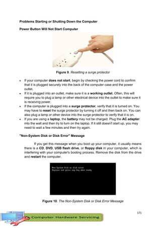 171
Problems Starting or Shutting Down the Computer
Power Button Will Not Start Computer
Figure 9. Resetting a surge protector
 If your computer does not start, begin by checking the power cord to confirm
that it is plugged securely into the back of the computer case and the power
outlet.
 If it is plugged into an outlet, make sure it is a working outlet. Often, this will
require you to plug a lamp or other electrical device into the outlet to make sure it
is receiving power.
 If the computer is plugged into a surge protector, verify that it is turned on. You
may have to reset the surge protector by turning it off and then back on. You can
also plug a lamp or other device into the surge protector to verify that it is on.
 If you are using a laptop, the battery may not be charged. Plug the AC adapter
into the wall and then try to turn on the laptop. If it still doesn't start up, you may
need to wait a few minutes and then try again.
"Non-System Disk or Disk Error" Message
If you get this message when you boot up your computer, it usually means
there is a CD, DVD, USB flash drive, or floppy disk in your computer, which is
interfering with your computer's booting process. Remove the disk from the drive
and restart the computer.
Figure 10. The Non-System Disk or Disk Error Message
 