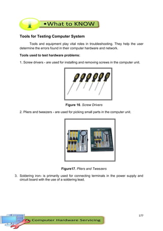 177
Tools for Testing Computer System
Tools and equipment play vital roles in troubleshooting. They help the user
determine the errors found in their computer hardware and network.
Tools used to test hardware problems:
1. Screw drivers - are used for installing and removing screws in the computer unit.
Figure 16. Screw Drivers
2. Pliers and tweezers - are used for picking small parts in the computer unit.
Figure17. Pliers and Tweezers
3. Soldering iron- is primarily used for connecting terminals in the power supply and
circuit board with the use of a soldering lead.
 