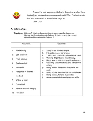 14
Answer the post assessment below to determine whether there
is significant increase in your understanding of PECs. The feedback to
this post assessment is appended on page 16.
Good Luck!
A. Matching Type
Directions: Column A lists the characteristics of a successful entrepreneur.
Draw a line from the items in Column A that connects the correct
definition of terms listed in Column B.
Column A Column B
1. Hardworking
2. Self-confident
3. Profit-oriented
4. Goal-oriented
5. Persistent
6. Responds or open to
feedback
7. Willing to listen
8. Committed
9. Reliable and has integrity
10. Risk-taker
a. Ability to set realistic targets.
b. Interest in money generation.
c. To succeed, one must believe in one’s self.
d. Working diligently and industriously.
e. Being able to listen to the advice of others.
f. Obtaining useful feedback and advice from
others.
g. Being patient and strives to achieve the
goal.
h. Ability to take measured or calculated risks.
i. Being honest, fair and trustworthy.
j. A major priority in the entrepreneur’s life.
 