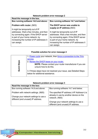 212
Network problem error message 2
Read the message in the box.
Box running software 14.8 and above:
Problem with router. (N03)
It might be temporarily out of IP
addresses. Wait a few minutes, and then
try connecting again. If the DHCP server
is part of your home network, try
increasing the number of IP addresses it
can assign.
Box running software 14.7 and below:
The DHCP server was unable to
supply an IP address.(N03)
It might be temporarily out of IP
addresses. Wait a few minutes, and then
try connecting again. If the DHCP server
is part of your home network, try
increasing the number of IP addresses it
can assign.
Possible solution for error message 2
QuickSteps
1. Power cycle your network, then force a connection to the TiVo
service.
2. Renew the DHCP lease on your router.
NOTE: Please contact your router manufacturer if you are
unsure how to do this.
3. If these steps have not resolved your issue, see Detailed Steps
below for additional assistance.
Network problem error message 3
Read the message in the box:
Box running software 14.8 and above:
Problem with network settings. (N05)
Change your network settings to use a
different (and unused) IP address.
Box running software 14.7 and below:
The specified IP address (<IP Address>) is
already in use by another device on the
network. (N05)
Change your network settings to use a
different (and unused) IP address.
 