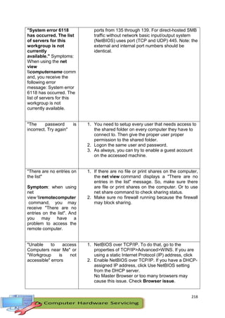 218
"System error 6118
has occurred. The list
of servers for this
workgroup is not
currently
available." Symptoms:
When using the net
view
computername comm
and, you receive the
following error
message: System error
6118 has occurred. The
list of servers for this
workgroup is not
currently available.
ports from 135 through 139. For direct-hosted SMB
traffic without network basic input/output system
(NetBIOS) uses port (TCP and UDP) 445. Note: the
external and internal port numbers should be
identical.
"The password is
incorrect. Try again"
1. You need to setup every user that needs access to
the shared folder on every computer they have to
connect to. Then give the proper user proper
permission to the shared folder.
2. Logon the same user and password.
3. As always, you can try to enable a guest account
on the accessed machine.
"There are no entries on
the list"
Symptom: when using
net
view remotecomputer
command, you may
receive "There are no
entries on the list". And
you may have a
problem to access the
remote computer.
1. If there are no file or print shares on the computer,
the net view command displays a "There are no
entries in the list" message. So, make sure there
are file or print shares on the computer. Or to use
net share command to check sharing status.
2. Make sure no firewall running because the firewall
may block sharing.
"Unable to access
Computers near Me" or
"Workgroup is not
accessible" errors
1. NetBIOS over TCP/IP. To do that, go to the
properties of TCP/IP>Advanced>WINS. If you are
using a static Internet Protocol (IP) address, click
2. Enable NetBIOS over TCP/IP. If you have a DHCP-
assigned IP address, click Use NetBIOS setting
from the DHCP server.
No Master Browser or too many browsers may
cause this issue. Check Browser issue.
 