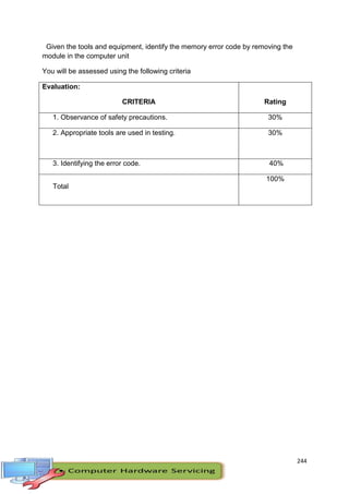 244
Given the tools and equipment, identify the memory error code by removing the
module in the computer unit
You will be assessed using the following criteria
Evaluation:
CRITERIA Rating
1. Observance of safety precautions. 30%
2. Appropriate tools are used in testing. 30%
3. Identifying the error code. 40%
Total
100%
 