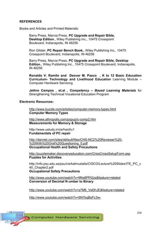 254
REFERENCES
Books and Articles and Printed Materials:
Barry Press, Marcia Press, PC Upgrade and Repair Bible,
Desktop Edition., Wiley Publishing Inc., 10475 Crosspoint
Boulevard, Indianapolis, IN 46256
Ron Gilster, PC Repair Bench Book., Wiley Publishing Inc., 10475
Crosspoint Boulevard, Indianapolis, IN 46256
Barry Press, Marcia Press, PC Upgrade and Repair Bible, Desktop
Edition., Wiley Publishing Inc., 10475 Crosspoint Boulevard, Indianapolis,
IN 46256
Ronaldo V. Ramilo and Deover M. Pasco , K to 12 Basic Education
Curriculum- Technology and Livelihood Education Learning Module –
Computer Hardware Servicing
Jethro Campos , et.al , Competency – Based Learning Materials for
Strengthening Technical Vocational Education Program
Electronic Resources:
http://www.buzzle.com/articles/computer-memory-types.html
Computer Memory Types
http://www.athropolis.com/popup/c-comp2.htm
Measurements for Memory & Storage
http://www.ustudy.in/ce/hard/u1
Fundamentals of PC repair
http://danreb.com/sites/default/files/CHS-NC2%20Reviewer%20-
%20With%20Oral%20Questioning_0.pdf
Occupational Health and Safety Precautions
http://puzzlemaker.discoveryeducation.com/CrissCrossSetupForm.asp
Puzzles for Activities
http://info.psu.edu.sa/psu/cis/kalmustafa/CISCO/Lecture%20Slides/ITE_PC_v
40_Chapter2.pdf
Occupational Safety Precautions
http://www.youtube.com/watch?v=tfKe8PPI2zs&feature=related
Conversion of Decimal N umber to Binary
http://www.youtube.com/watch?v=s7M6_VeDhJE&feature=related
http://www.youtube.com/watch?v=6N7bqBsFL0w-
 