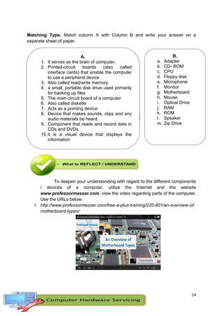 54
Matching Type. Match column A with Column B and write your answer on a
separate sheet of paper.
What is a Network?
To deepen your understanding with regard to the different components
/ devices of a computer, utilize the Internet and the website
www.professormesser.com, view the video regarding parts of the computer.
Use the URLs below:
1. http://www.professormesser.com/free-a-plus-training/220-801/an-overview-of-
motherboard-types/
A.
1. It serves as the brain of computer.
2. Printed-circuit boards (also called
interface cards) that enable the computer
to use a peripheral device
3. Also called read/write memory
4. a small, portable disk drive used primarily
for backing up files
5. The main circuit board of a computer
6. Also called diskette
7. Acts as a pointing device
8. Device that makes sounds, clips and any
audio materials be heard.
9. Component that reads and record data in
CDs and DVDs.
10.it is a visual device that displays the
information
B.
a. Adapter
b. CD- ROM
c. CPU
d. Floppy disk
e. Microphone
f. Monitor
g. Motherboard
h. Mouse
i. Optical Drive
j. RAM
k. ROM
l. Speaker
m. Zip Drive
 