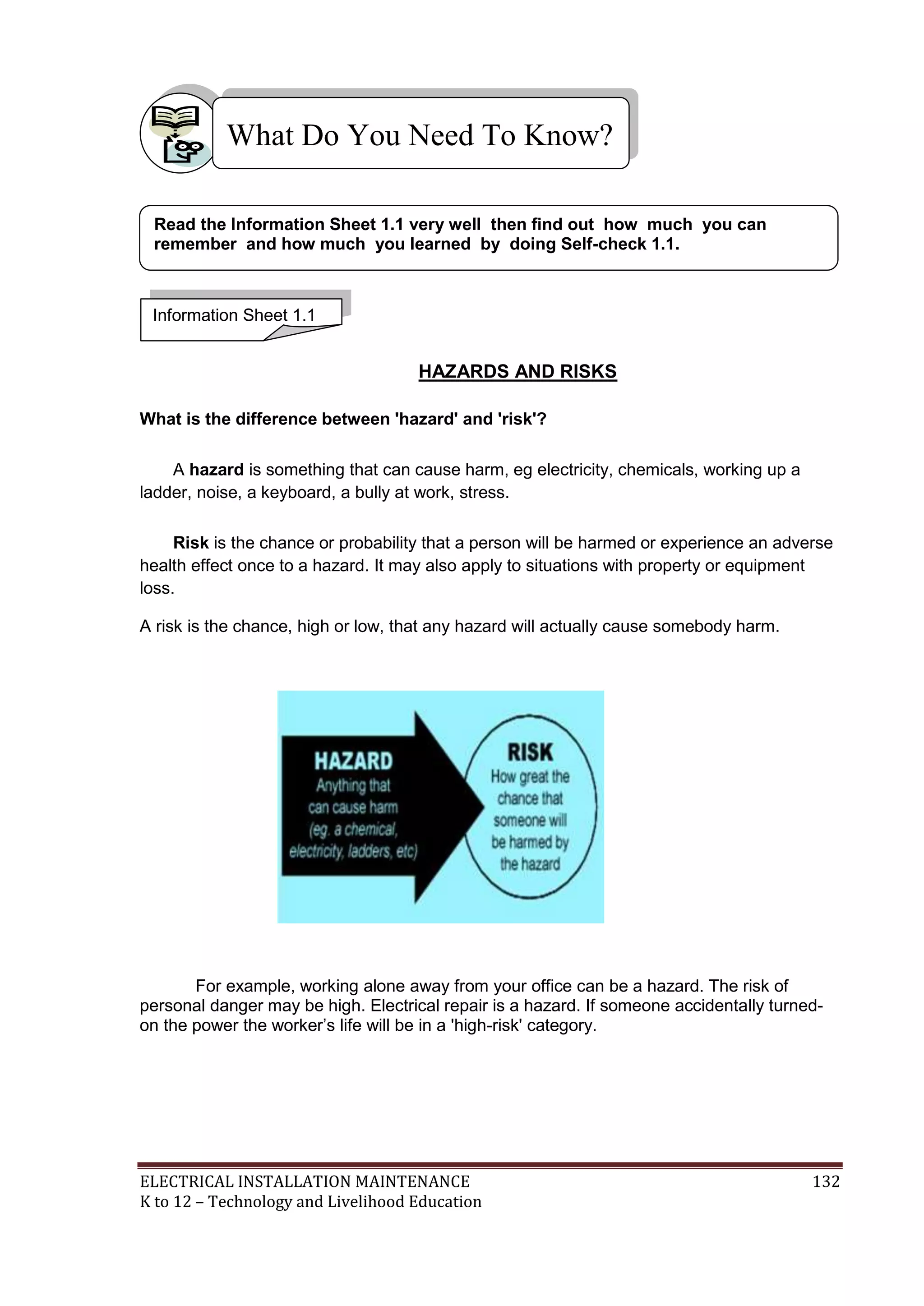 What Do You Need To Know? 
Read the Information Sheet 1.1 very well then find out how much you can 
remember and how much you learned by doing Self-check 1.1. 
HAZARDS AND RISKS 
Information Sheet 1.1 
What is the difference between 'hazard' and 'risk'? 
A hazard is something that can cause harm, eg electricity, chemicals, working up a 
ladder, noise, a keyboard, a bully at work, stress. 
Risk is the chance or probability that a person will be harmed or experience an adverse 
health effect once to a hazard. It may also apply to situations with property or equipment 
loss. 
A risk is the chance, high or low, that any hazard will actually cause somebody harm. 
For example, working alone away from your office can be a hazard. The risk of 
personal danger may be high. Electrical repair is a hazard. If someone accidentally turned-on 
the power the worker’s life will be in a 'high-risk' category. 
ELECTRICAL INSTALLATION MAINTENANCE 132 
K to 12 – Technology and Livelihood Education 
 