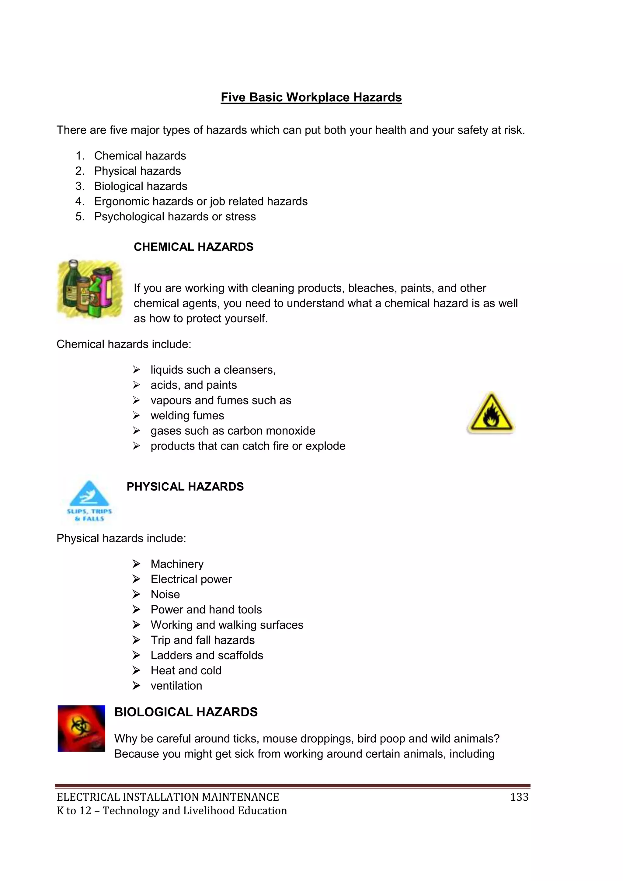 Five Basic Workplace Hazards 
There are five major types of hazards which can put both your health and your safety at risk. 
1. Chemical hazards 
2. Physical hazards 
3. Biological hazards 
4. Ergonomic hazards or job related hazards 
5. Psychological hazards or stress 
CHEMICAL HAZARDS 
If you are working with cleaning products, bleaches, paints, and other 
chemical agents, you need to understand what a chemical hazard is as well 
as how to protect yourself. 
Chemical hazards include: 
 liquids such a cleansers, 
 acids, and paints 
 vapours and fumes such as 
 welding fumes 
 gases such as carbon monoxide 
 products that can catch fire or explode 
PHYSICAL HAZARDS 
Physical hazards include: 
 Machinery 
 Electrical power 
 Noise 
 Power and hand tools 
 Working and walking surfaces 
 Trip and fall hazards 
 Ladders and scaffolds 
 Heat and cold 
 ventilation 
BIOLOGICAL HAZARDS 
Why be careful around ticks, mouse droppings, bird poop and wild animals? 
Because you might get sick from working around certain animals, including 
ELECTRICAL INSTALLATION MAINTENANCE 133 
K to 12 – Technology and Livelihood Education 
 