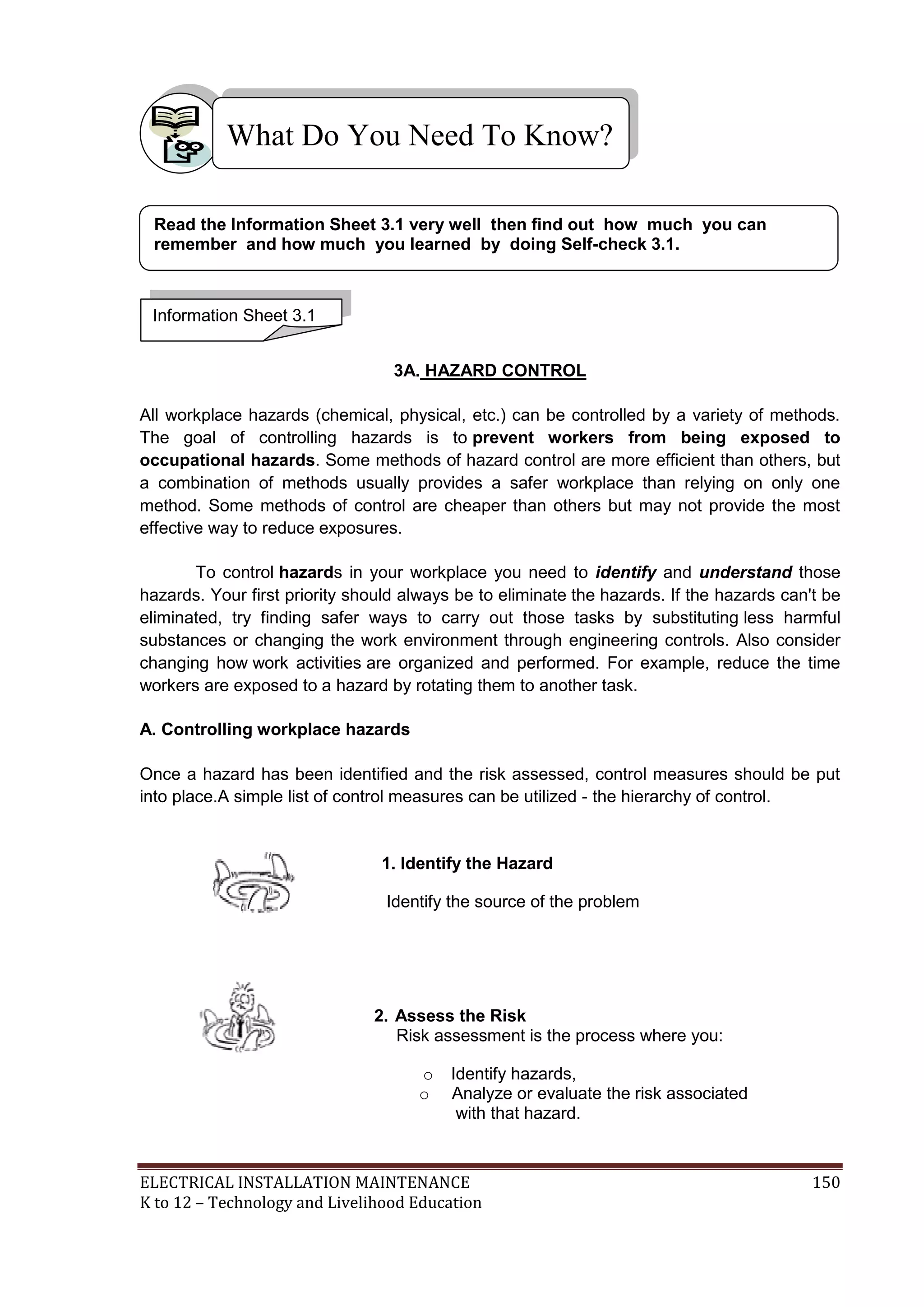 What Do You Need To Know? 
Read the Information Sheet 3.1 very well then find out how much you can 
remember and how much you learned by doing Self-check 3.1. 
3A. HAZARD CONTROL 
Information Sheet 3.1 
All workplace hazards (chemical, physical, etc.) can be controlled by a variety of methods. 
The goal of controlling hazards is to prevent workers from being exposed to 
occupational hazards. Some methods of hazard control are more efficient than others, but 
a combination of methods usually provides a safer workplace than relying on only one 
method. Some methods of control are cheaper than others but may not provide the most 
effective way to reduce exposures. 
To control hazards in your workplace you need to identify and understand those 
hazards. Your first priority should always be to eliminate the hazards. If the hazards can't be 
eliminated, try finding safer ways to carry out those tasks by substituting less harmful 
substances or changing the work environment through engineering controls. Also consider 
changing how work activities are organized and performed. For example, reduce the time 
workers are exposed to a hazard by rotating them to another task. 
A. Controlling workplace hazards 
Once a hazard has been identified and the risk assessed, control measures should be put 
into place.A simple list of control measures can be utilized - the hierarchy of control. 
1. Identify the Hazard 
Identify the source of the problem 
2. Assess the Risk 
Risk assessment is the process where you: 
o Identify hazards, 
o Analyze or evaluate the risk associated 
with that hazard. 
ELECTRICAL INSTALLATION MAINTENANCE 150 
K to 12 – Technology and Livelihood Education 
 