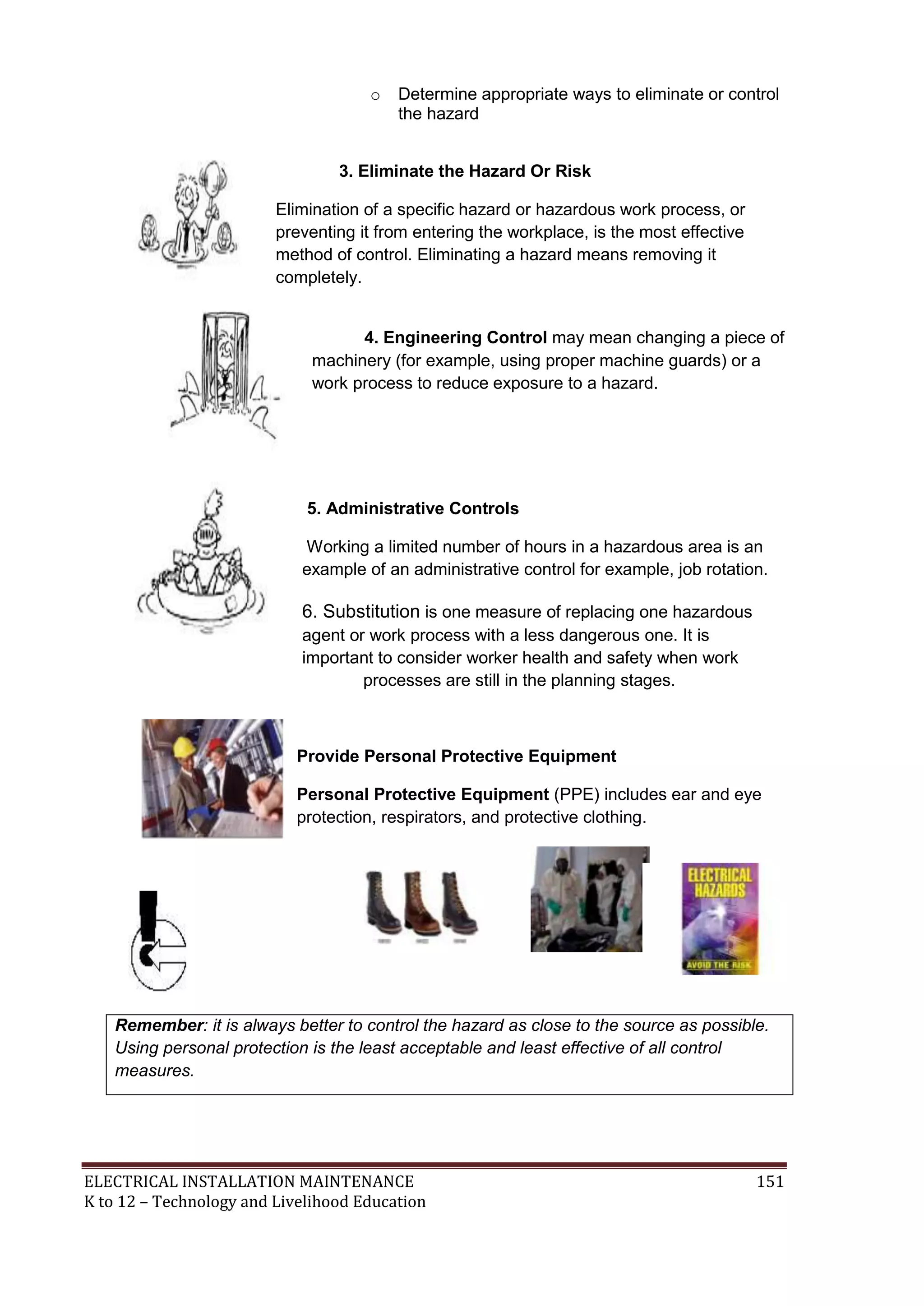 o Determine appropriate ways to eliminate or control 
the hazard 
3. Eliminate the Hazard Or Risk 
Elimination of a specific hazard or hazardous work process, or 
preventing it from entering the workplace, is the most effective 
method of control. Eliminating a hazard means removing it 
completely. 
4. Engineering Control may mean changing a piece of 
machinery (for example, using proper machine guards) or a 
work process to reduce exposure to a hazard. 
5. Administrative Controls 
Working a limited number of hours in a hazardous area is an 
example of an administrative control for example, job rotation. 
6. Substitution is one measure of replacing one hazardous 
agent or work process with a less dangerous one. It is 
important to consider worker health and safety when work 
processes are still in the planning stages. 
Provide P e rsonal Protective Equipment 
Personal Protective Equipment (PPE) includes ear and eye 
protection, respirators, and protective clothing. 
Remember: it is always better to control the hazard as close to the source as possible. 
Using personal protection is the least acceptable and least effective of all control 
measures. 
ELECTRICAL INSTALLATION MAINTENANCE 151 
K to 12 – Technology and Livelihood Education 
 