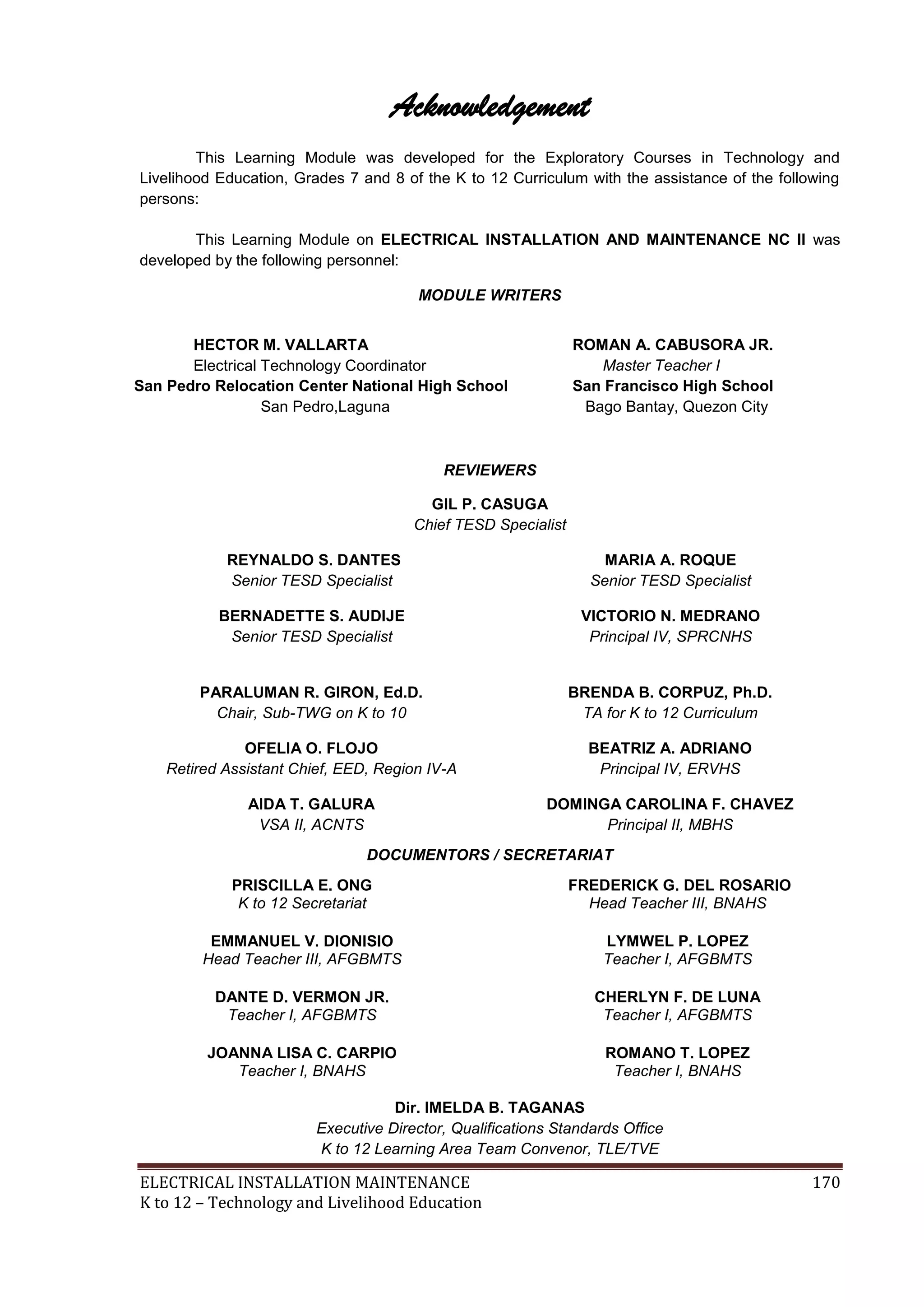 Acknowledgement 
This Learning Module was developed for the Exploratory Courses in Technology and 
Livelihood Education, Grades 7 and 8 of the K to 12 Curriculum with the assistance of the following 
persons: 
This Learning Module on ELECTRICAL INSTALLATION AND MAINTENANCE NC II was 
developed by the following personnel: 
MODULE WRITERS 
San Pedro Relocation Center National High School 
REVIEWERS 
GIL P. CASUGA 
HECTOR M. VALLARTA 
Electrical Technology Coordinator 
Chief TESD Specialist 
San Pedro,Laguna 
REYNALDO S. DANTES 
Senior TESD Specialist 
ROMAN A. CABUSORA JR. 
Master Teacher I 
San Francisco High School 
Bago Bantay, Quezon City 
MARIA A. ROQUE 
Senior TESD Specialist 
BERNADETTE S. AUDIJE 
Senior TESD Specialist 
VICTORIO N. MEDRANO 
Principal IV, SPRCNHS 
PARALUMAN R. GIRON, Ed.D. 
Chair, Sub-TWG on K to 10 
BRENDA B. CORPUZ, Ph.D. 
TA for K to 12 Curriculum 
OFELIA O. FLOJO 
Retired Assistant Chief, EED, Region IV-A 
BEATRIZ A. ADRIANO 
Principal IV, ERVHS 
AIDA T. GALURA 
VSA II, ACNTS 
DOMINGA CAROLINA F. CHAVEZ 
Principal II, MBHS 
DOCUMENTORS / SECRETARIAT 
PRISCILLA E. ONG 
K to 12 Secretariat 
FREDERICK G. DEL ROSARIO 
Head Teacher III, BNAHS 
EMMANUEL V. DIONISIO 
Head Teacher III, AFGBMTS 
LYMWEL P. LOPEZ 
Teacher I, AFGBMTS 
DANTE D. VERMON JR. 
Teacher I, AFGBMTS 
CHERLYN F. DE LUNA 
Teacher I, AFGBMTS 
JOANNA LISA C. CARPIO 
Teacher I, BNAHS 
ROMANO T. LOPEZ 
Teacher I, BNAHS 
Dir. IMELDA B. TAGANAS 
Executive Director, Qualifications Standards Office 
K to 12 Learning Area Team Convenor, TLE/TVE 
ELECTRICAL INSTALLATION MAINTENANCE 170 
K to 12 – Technology and Livelihood Education 
 