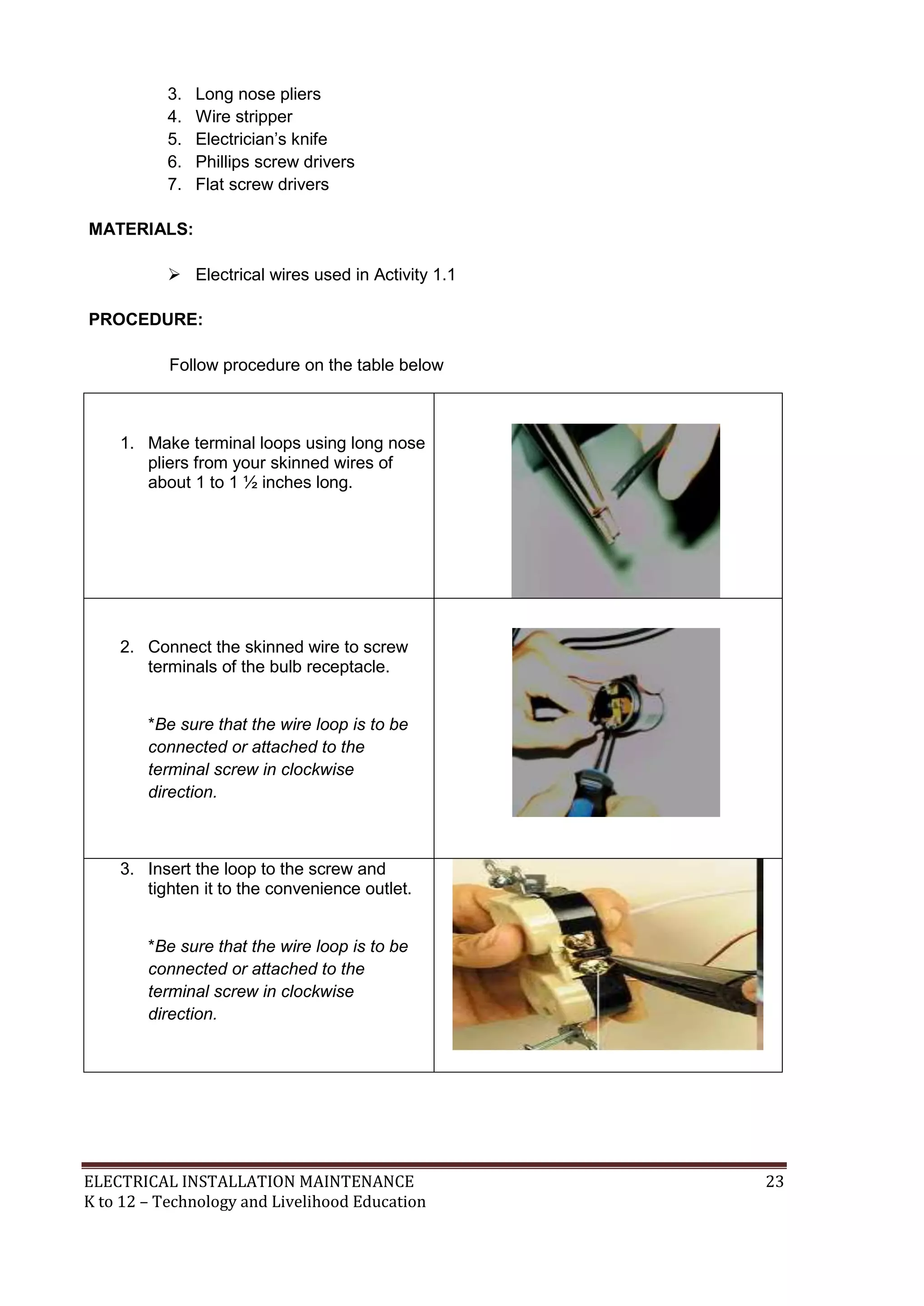 3. Long nose pliers 
4. Wire stripper 
5. Electrician’s knife 
6. Phillips screw drivers 
7. Flat screw drivers 
MATERIALS: 
 Electrical wires used in Activity 1.1 
PROCEDURE: 
Follow procedure on the table below 
1. Make terminal loops using long nose 
pliers from your skinned wires of 
about 1 to 1 ½ inches long. 
2. Connect the skinned wire to screw 
terminals of the bulb receptacle. 
*Be sure that the wire loop is to be 
connected or attached to the 
terminal screw in clockwise 
direction. 
3. Insert the loop to the screw and 
tighten it to the convenience outlet. 
*Be sure that the wire loop is to be 
connected or attached to the 
terminal screw in clockwise 
direction. 
ELECTRICAL INSTALLATION MAINTENANCE 23 
K to 12 – Technology and Livelihood Education 
 
