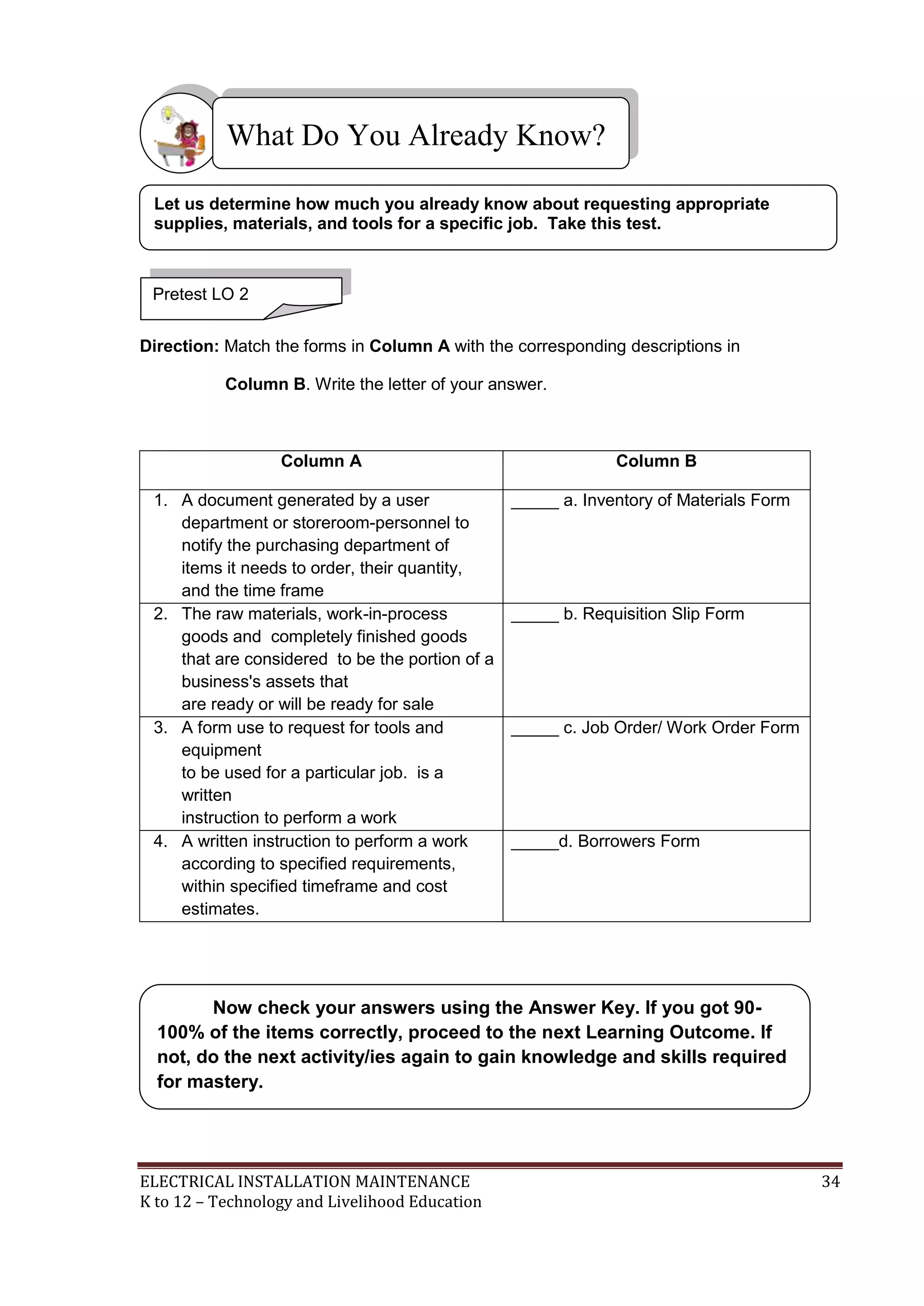 What Do You Already Know? 
Let us determine how much you already know about requesting appropriate 
supplies, materials, and tools for a specific job. Take this test. 
Pretest LO 2 
Direction: Match the forms in Column A with the corresponding descriptions in 
Column B. Write the letter of your answer. 
Column A Column B 
1. A document generated by a user 
department or storeroom-personnel to 
notify the purchasing department of 
items it needs to order, their quantity, 
and the time frame 
_____ a. Inventory of Materials Form 
2. The raw materials, work-in-process 
goods and completely finished goods 
that are considered to be the portion of a 
business's assets that 
are ready or will be ready for sale 
_____ b. Requisition Slip Form 
3. A form use to request for tools and 
equipment 
to be used for a particular job. is a 
written 
instruction to perform a work 
_____ c. Job Order/ Work Order Form 
4. A written instruction to perform a work 
according to specified requirements, 
within specified timeframe and cost 
estimates. 
_____d. Borrowers Form 
Now check your answers using the Answer Key. If you got 90- 
100% of the items correctly, proceed to the next Learning Outcome. If 
not, do the next activity/ies again to gain knowledge and skills required 
for mastery. 
ELECTRICAL INSTALLATION MAINTENANCE 34 
K to 12 – Technology and Livelihood Education 
 