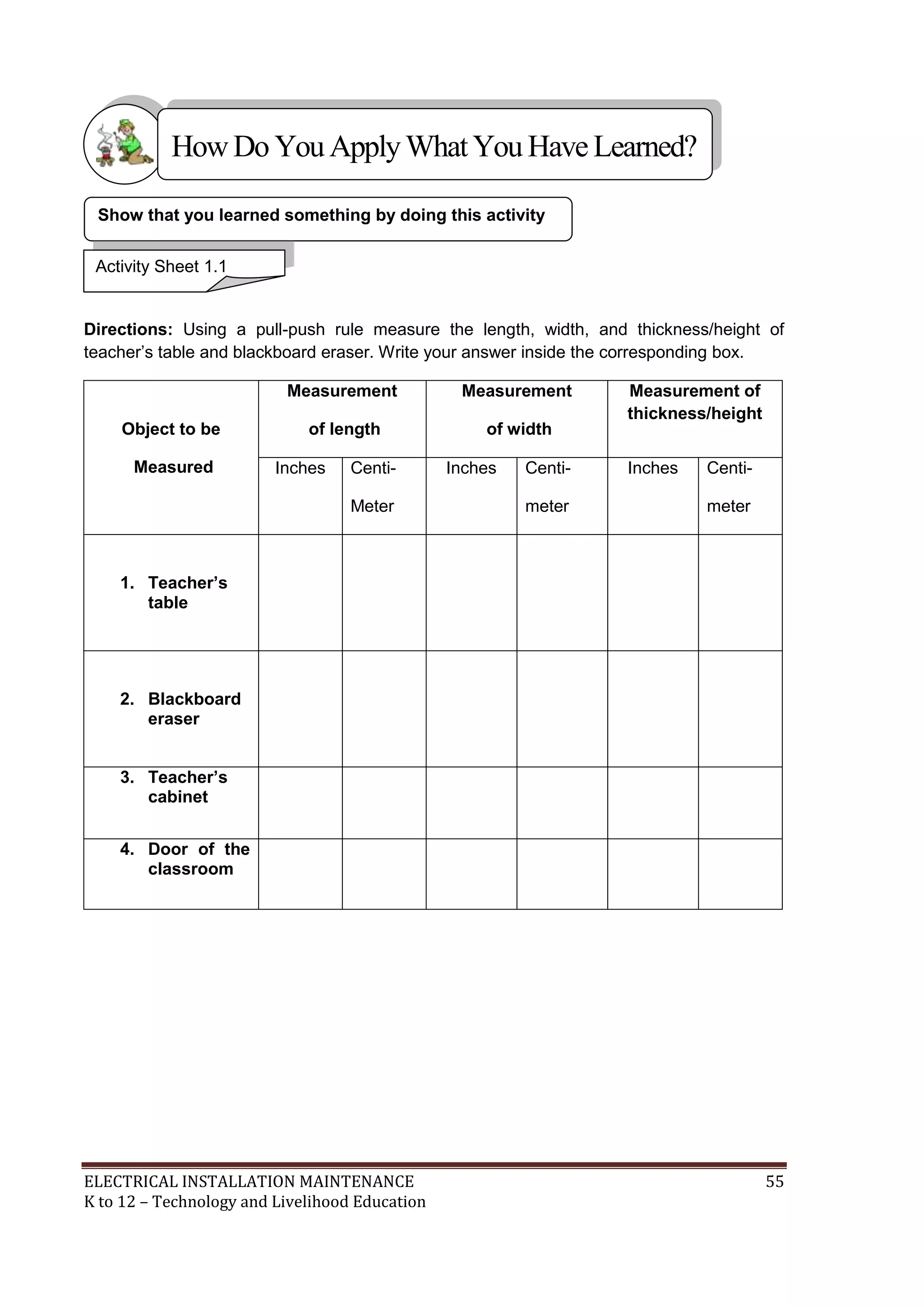 How Do You Apply What You Have Learned? 
Show that you learned something by doing this activity 
Activity Sheet 1.1 
Directions: Using a pull-push rule measure the length, width, and thickness/height of 
teacher’s table and blackboard eraser. Write your answer inside the corresponding box. 
Object to be 
Measured 
Measurement 
of length 
Measurement 
of width 
Measurement of 
thickness/height 
Inches Centi- 
Meter 
Inches Centi-meter 
Inches Centi-meter 
1. Teacher’s 
table 
2. Blackboard 
eraser 
3. Teacher’s 
cabinet 
4. Door of the 
classroom 
ELECTRICAL INSTALLATION MAINTENANCE 55 
K to 12 – Technology and Livelihood Education 
 