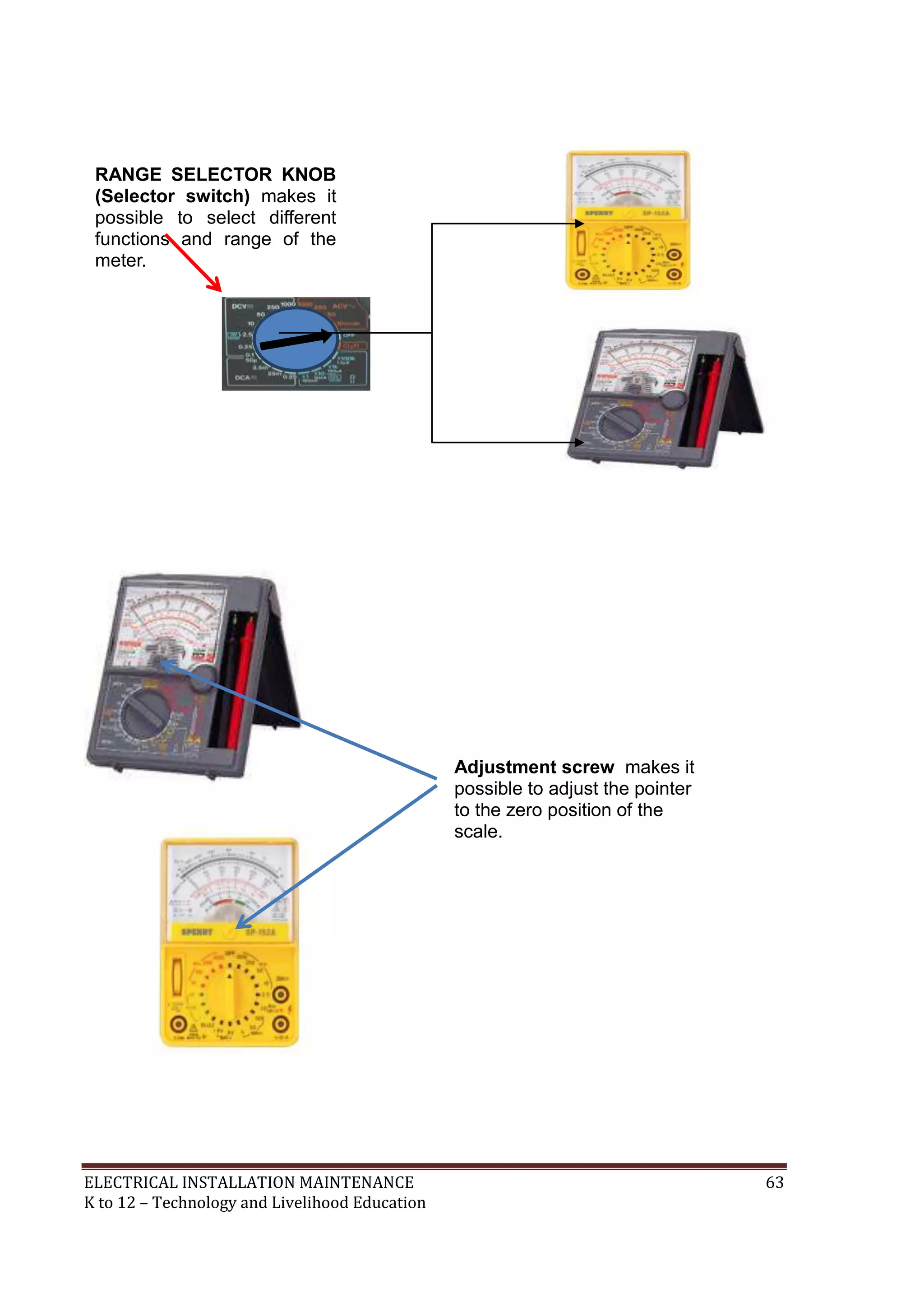 Adjustment screw makes it 
possible to adjust the pointer 
to the zero position of the 
scale. 
RANGE SELECTOR KNOB 
(Selector switch) makes it 
possible to select different 
functions and range of the 
meter. 
ELECTRICAL INSTALLATION MAINTENANCE 63 
K to 12 – Technology and Livelihood Education 
 