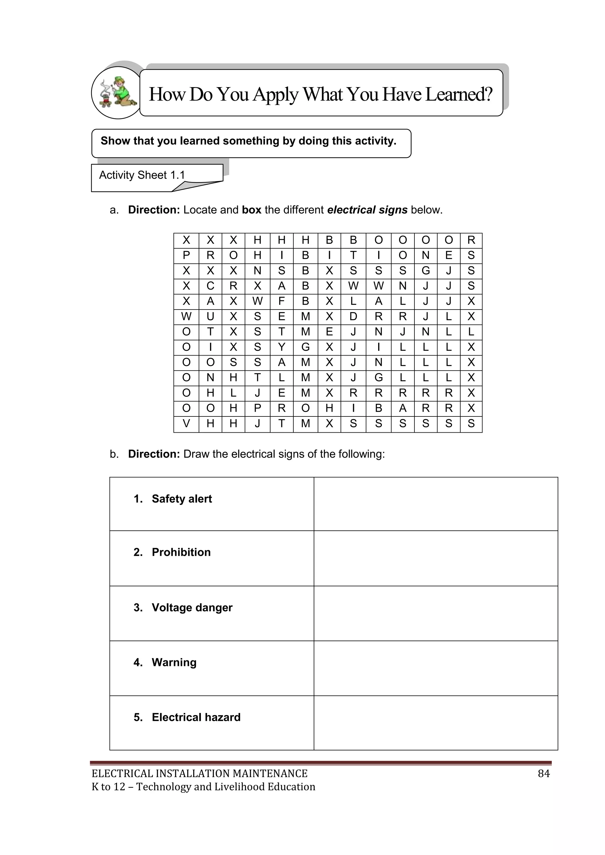 How Do You Apply What You Have Learned? 
Show that you learned something by doing this activity. 
Activity Sheet 1.1 
a. Direction: Locate and box the different electrical signs below. 
X X X H H H B B O O O O R 
P R O H I B I T I O N E S 
X X X N S B X S S S G J S 
X C R X A B X W W N J J S 
X A X W F B X L A L J J X 
W U X S E M X D R R J L X 
O T X S T M E J N J N L L 
O I X S Y G X J I L L L X 
O O S S A M X J N L L L X 
O N H T L M X J G L L L X 
O H L J E M X R R R R R X 
O O H P R O H I B A R R X 
V H H J T M X S S S S S S 
b. Direction: Draw the electrical signs of the following: 
1. Safety alert 
2. Prohibition 
3. Voltage danger 
4. Warning 
5. Electrical hazard 
ELECTRICAL INSTALLATION MAINTENANCE 84 
K to 12 – Technology and Livelihood Education 
 