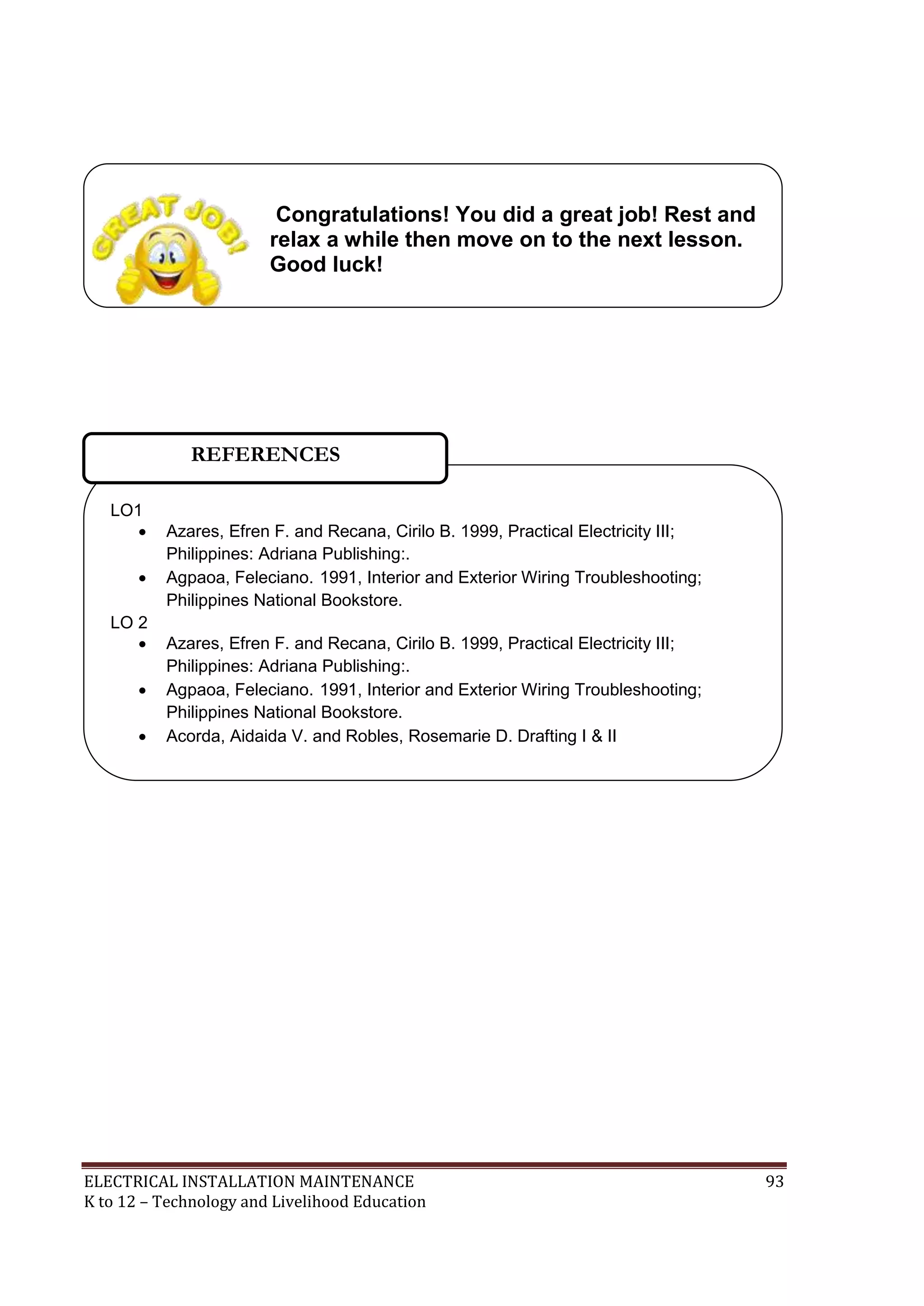 LO1 
Congratulations! You did a great job! Rest and 
relax a while then move on to the next lesson. 
Good luck! 
REFERENCES 
 Azares, Efren F. and Recana, Cirilo B. 1999, Practical Electricity III; 
Philippines: Adriana Publishing:. 
 Agpaoa, Feleciano. 1991, Interior and Exterior Wiring Troubleshooting; 
Philippines National Bookstore. 
LO 2 
 Azares, Efren F. and Recana, Cirilo B. 1999, Practical Electricity III; 
Philippines: Adriana Publishing:. 
 Agpaoa, Feleciano. 1991, Interior and Exterior Wiring Troubleshooting; 
Philippines National Bookstore. 
 Acorda, Aidaida V. and Robles, Rosemarie D. Drafting I & II 
ELECTRICAL INSTALLATION MAINTENANCE 93 
K to 12 – Technology and Livelihood Education 
 