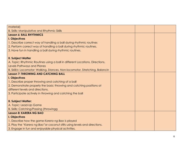 K to 12mapeh (pe) III complete objectives and subject matter | DOCX