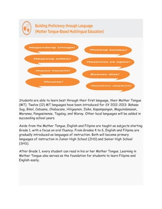 Students are able to learn best through their first language, their Mother Tongue
(MT). Twelve (12) MT languages have been introduced for SY 2012-2013: Bahasa
Sug, Bikol, Cebuano, Chabacano, Hiligaynon, Iloko, Kapampangan, Maguindanaoan,
Meranao, Pangasinense, Tagalog, and Waray. Other local languages will be added in
succeeding school years.
Aside from the Mother Tongue, English and Filipino are taught as subjects starting
Grade 1, with a focus on oral fluency. From Grades 4 to 6, English and Filipino are
gradually introduced as languages of instruction. Both will become primary
languages of instruction in Junior High School (JHS) and Senior High School
(SHS).
After Grade 1, every student can read in his or her Mother Tongue. Learning in
Mother Tongue also serves as the foundation for students to learn Filipino and
English easily.
 