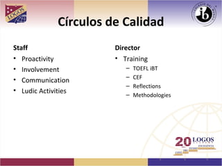 Círculos de Calidad
Staff                   Director
• Proactivity           • Training
• Involvement              –   TOEFL iBT
                           –   CEF
• Communication
                           –   Reflections
• Ludic Activities
                           –   Methodologies
 