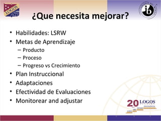 ¿Que necesita mejorar?
• Habilidades: LSRW
• Metas de Aprendizaje
    – Producto
    – Proceso
    – Progreso vs Crecimiento
•   Plan Instruccional
•   Adaptaciones
•   Efectividad de Evaluaciones
•   Monitorear and adjustar
 