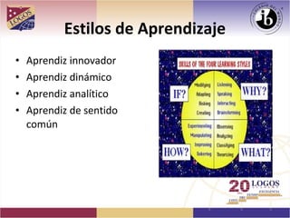 Estilos de Aprendizaje
•   Aprendiz innovador
•   Aprendiz dinámico
•   Aprendiz analítico
•   Aprendiz de sentido
    común
 