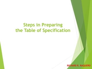 Steps in Preparing
the Table of Specification
RICHARD R. RAQUEÑO
 
