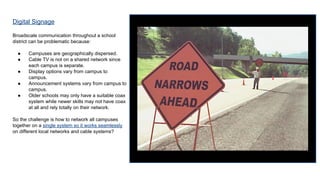 Digital Signage
Broadscale communication throughout a school
district can be problematic because:
●
●
●
●
●

Campuses are geographically dispersed.
Cable TV is not on a shared network since
each campus is separate.
Display options vary from campus to
campus.
Announcement systems vary from campus to
campus.
Older schools may only have a suitable coax
system while newer skills may not have coax
at all and rely totally on their network.

So the challenge is how to network all campuses
together on a single system so it works seamlessly
on different local networks and cable systems?

 