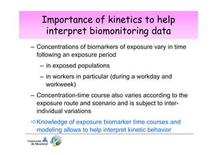 Importance of kinetics to help
interpret biomonitoring data
– Concentrations of biomarkers of exposure vary in time
following an exposure period
– in exposed populations
– in workers in particular (during a workday and
workweek)
– Concentration-time course also varies according to the
exposure route and scenario and is subject to interindividual variations
Knowledge of exposure biomarker time courses and
modeling allows to help interpret kinetic behavior

 
