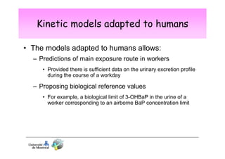 Kinetic models adapted to humans
• The models adapted to humans allows:
– Predictions of main exposure route in workers
• Provided there is sufficient data on the urinary excretion profile
during the course of a workday

– Proposing biological reference values
• For example, a biological limit of 3-OHBaP in the urine of a
worker corresponding to an airborne BaP concentration limit

 