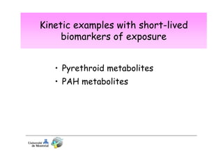 Kinetic examples with short-lived
biomarkers of exposure
• Pyrethroid metabolites
• PAH metabolites

 