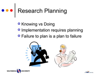 Research Planning
 Knowing vs Doing
 Implementation requires planning
 Failure to plan is a plan to failure
 
