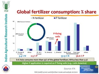 IndianAgriculturalResearchInstitute
FAO (2008) Current world fertilizer trends and outlook 2011/2012
0
10
20
30
40
E. Europe &
C. Asia
Africa W. & C.
Europe
N. America L. America South Asia East Asia others
N fertilizer P fertilizer
56.6 % P57.9 % N2.5 % P3.4 % N
Higher P application is required on P fixing soils (e.g., Latin America)
P-fixing
soils
S+E Asia consume more than 55% of the global fertilizer; Africa less than 3.5%
Global fertilizer consumption: % share
Source: IFA
 