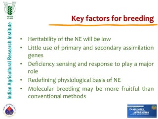 IndianAgriculturalResearchInstitute
Key factors for breeding
• Heritability of the NE will be low
• Little use of primary and secondary assimilation
genes
• Deficiency sensing and response to play a major
role
• Redefining physiological basis of NE
• Molecular breeding may be more fruitful than
conventional methods
 