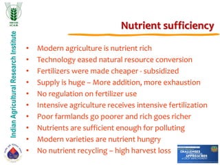 IndianAgriculturalResearchInstitute
Nutrient sufficiency
• Modern agriculture is nutrient rich
• Technology eased natural resource conversion
• Fertilizers were made cheaper - subsidized
• Supply is huge – More addition, more exhaustion
• No regulation on fertilizer use
• Intensive agriculture receives intensive fertilization
• Poor farmlands go poorer and rich goes richer
• Nutrients are sufficient enough for polluting
• Modern varieties are nutrient hungry
• No nutrient recycling – high harvest loss
 