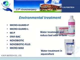 Environmental treatment
• MICRO-GUARD-P
• MICRO-GUARD-L
• Mi-P
• ENVI-BAC
• NOVOBIOTIC
• NOVOBIOTIC-PLUS
• MICRO-MAX
Water treatment and
reduce bad odor in farm
Water treatment in
aquaculture
15th Anniversary
 