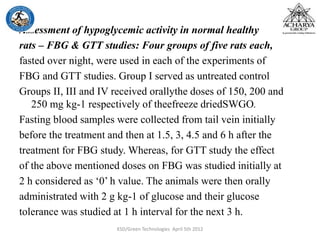 Assessment of hypoglycemic activity in normal healthy
rats – FBG & GTT studies: Four groups of five rats each,
fasted over night, were used in each of the experiments of
FBG and GTT studies. Group I served as untreated control
Groups II, III and IV received orallythe doses of 150, 200 and
250 mg kg-1 respectively of theefreeze driedSWGO.
Fasting blood samples were collected from tail vein initially
before the treatment and then at 1.5, 3, 4.5 and 6 h after the
treatment for FBG study. Whereas, for GTT study the effect
of the above mentioned doses on FBG was studied initially at
2 h considered as ‘0’ h value. The animals were then orally
administrated with 2 g kg-1 of glucose and their glucose
tolerance was studied at 1 h interval for the next 3 h.
KSD/Green Technologies April 5th 2012
 