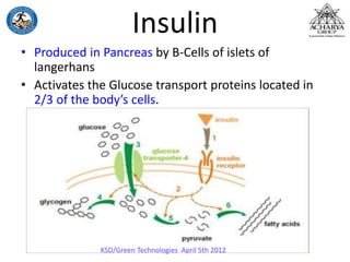 Insulin
• Produced in Pancreas by B-Cells of islets of
langerhans
• Activates the Glucose transport proteins located in
2/3 of the body’s cells.
– Skeletal Muscle and Adipose tissue
KSD/Green Technologies April 5th 2012
 