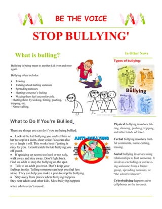 Bullying is being mean to another kid over and over
again.
Bullying often includes:
 Teasing
 Talking about hurting someone
 Spreading rumours
 Hurting someone’s feeling
 Making them feel uncomfortable.
· Hurting them by kicking, hitting, pushing,
tripping, etc.
· Name-calling.
What is bulling?
STOP BULLYING'
Types of bullying:
Physical bullying involves hit-
ting, shoving, pushing, tripping,
and other kinds of force.
Verbal bullying involves hurt-
ful comments, name-calling,
teasing.
Social bullying involves using
relationships to hurt someone. It
involves excluding or ostraciz-
ing someone from a friend
group, spreading rumours, or
“the silent treatment”.
Cyberbullying happens over
cellphones or the internet.
BE THE VOICE
In Other News
What to Do If You’re Bullied
There are things you can do if you are being bullied:
 Look at the kid bullying you and tell him or
her to stop in a calm, clear voice. You can also
try to laugh it off. This works best if joking is
easy for you. It could catch the kid bullying you
off guard.
 If speaking up seems too hard or not safe,
walk away and stay away. Don’t fight back.
Find an adult to stop the bullying on the spot.
 Talk to an adult you trust. Don’t keep your
feelings inside. Telling someone can help you feel less
alone. They can help you make a plan to stop the bullying.
 Stay away from places where bullying happens.
Stay near adults and other kids. Most bullying happens
when adults aren’t around..
 