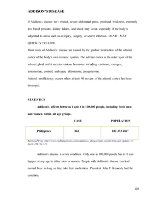 ADDISON’S DISEASE
119
If Addison’s disease isn’t treated, severe abdominal pains, profound weakness, extremely
low blood pressure, kidney failure, and shock may occur, especially if the body is
subjected to stress such as an injury, surgery, or severe infection. DEATH MAY
QUICKLY FOLLOW.
Most cases of Addison’s disease are caused by the gradual destruction of the adrenal
cortex of the body’s own immune system. The adrenal cortex is the outer layer of the
adrenal gland and it secretes various hormones including cortisone, estrogen,
testosterone, cortisol, androgen, aldosterone, progesterone.
Adrenal insufficiency occurs when at least 90 percent of the adrenal cortex has been
destroyed.
STATISTICS
Addison's affects between 1 and 4 in 100,000 people, including both men
and women within all age groups.
CASE POPULATION
Philippines 862 102 333 4843
Retrieved from: http://www.rightdiagnosis.com/a/addisons_disease/stats-country.htmLast Update: 17
April, 2015 (2:51)
Addison's disease is a rare condition. Only one in 100,000 people has it. It can
happen at any age to either men or women. People with Addison's disease can lead
normal lives as long as they take their medication. President John F. Kennedy had the
condition.
 