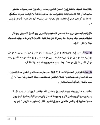 16
‫عقيل‬ ‫أما‬ ، ‫وصدو‬ ‫ثقة‬ ‫ر‬
‫بن‬ ‫ورجاله‬ ، ‫ومعاذ‬ ‫ي‬
‫الهخم‬ ‫الحسن‬ ‫ر‬
‫بن‬ ‫لالنقطاع‬ ‫ضعيف‬ ‫إسةاد‬ ‫وهذا‬
‫ي‬
‫السكسك‬ ‫وصفوان‬ ‫الوليد‬ ‫بن‬ ‫وبقية‬ ‫عياش‬ ‫بن‬ ‫إسماعيل‬ ‫ومةهم‬ ‫اوأئمة‬ ‫من‬ ‫عدد‬ ‫عةه‬ ‫فروي‬ ‫ي‬
‫الهخم‬
‫بأس‬ ‫ال‬ ‫فالرجل‬ ، ‫عهيه‬‫ةكر‬‫ي‬ ‫ئ‬‫ش‬ ‫له‬ ‫وليس‬ ‫أحد‬ ‫يمرحه‬ ‫ولم‬ ، ‫الثقات‬ ‫ي‬
‫ف‬ ‫حبان‬ ‫ابن‬ ‫وذكره‬ ، ‫هم‬ ‫ر‬
‫وغب‬
‫به‬
.
‫بكر‬ ‫وأبو‬ ‫ي‬
‫اوأصوهاب‬ ‫الشيخ‬ ‫وأبو‬ ‫ي‬
‫اب‬‫الطب‬ ‫ومةهم‬ ‫اوأئمة‬ ‫من‬ ‫عدد‬ ‫عةه‬ ‫فروي‬ ‫ي‬
‫اليحصن‬ ‫اهيم‬‫ر‬‫إب‬ ‫أما‬
‫لهحديث‬ ‫ويشهد‬ ، ‫به‬ ‫بأس‬ ‫ال‬ ‫فالرجل‬ ، ‫عهيه‬‫ةكر‬‫ي‬ ‫ئ‬‫ش‬ ‫له‬ ‫وليس‬ ‫أحد‬ ‫يمرحه‬ ‫ولم‬ ، ‫هم‬ ‫ر‬
‫وغب‬ ‫المقرئ‬
‫أخري‬ ‫لطر‬ ‫من‬ ‫ثووته‬
.
53
_
‫رواه‬
‫الدالئل‬ ‫ي‬
‫ف‬ ‫نعيم‬ ‫أبو‬
(
342
)
‫حمدا‬ ‫بن‬ ‫عمرو‬ ‫ي‬
‫أب‬ ‫عن‬
‫عن‬ ‫سفيان‬ ‫بن‬ ‫الحسن‬ ‫عن‬ ‫الةحوي‬ ‫ن‬
‫برةدة‬ ‫بن‬ ‫هللا‬ ‫عبد‬ ‫عن‬ ‫خالد‬ ‫بن‬ ‫المؤمن‬ ‫عبد‬ ‫عن‬ ‫ي‬
‫التميم‬ ‫الحباب‬ ‫بن‬ ‫زةد‬ ‫عن‬ ‫ي‬
‫الهمداب‬ ‫العالء‬ ‫بن‬ ‫دمحم‬
‫معاذ‬ ‫عن‬ ‫ي‬
‫الدؤل‬ ‫اوأسود‬ ‫ي‬
‫أب‬ ‫عن‬
.
‫فيه‬ ‫عهة‬ ‫وال‬ ‫ثقات‬ ‫ورجاله‬ ‫صحيح‬ ‫إسةاد‬ ‫وهذا‬
.
50
_
‫رواه‬
‫ر‬
‫الكوب‬ ‫المعمم‬ ‫ي‬
‫ف‬ ‫ي‬
‫اب‬‫الطب‬
(
52
/
600
)
‫ع‬ ‫بن‬ ‫ي‬
‫عل‬ ‫عن‬
‫بن‬ ‫اهيم‬‫ر‬‫إب‬ ‫عن‬ ‫البغوي‬ ‫العزةز‬ ‫بد‬
‫ي‬
‫أب‬ ‫بن‬ ‫حمزة‬ ‫عن‬ ‫اوأنصاري‬ ‫حمزة‬ ‫بن‬ ‫مالك‬ ‫عن‬ ‫ي‬
‫الوقاض‬ ‫عثمان‬ ‫بن‬ ‫هللا‬ ‫عبد‬ ‫عن‬ ‫الهروي‬ ‫هللا‬ ‫عبد‬
‫الساعدي‬ ‫أسيد‬ ‫ي‬
‫أب‬ ‫عن‬ ‫اوأنصاري‬ ‫أسيد‬
.
‫اوأئمة‬ ‫من‬ ‫عدد‬ ‫عةه‬ ‫فروي‬ ‫ي‬
‫الوقاض‬ ‫هللا‬ ‫عبد‬ ‫أما‬ ، ‫وصدو‬ ‫ثقة‬ ‫ر‬
‫بن‬ ‫ورجاله‬ ‫حسن‬ ‫إسةاد‬ ‫وهذا‬
‫الهروي‬ ‫اهيم‬‫ر‬‫إب‬ ‫ومةهم‬
‫حاتم‬ ‫أبو‬ ‫وقا‬ ، ‫هم‬ ‫ر‬
‫وغب‬ ‫البغدادي‬ ‫وهارون‬ ‫اوأزدي‬ ‫ونض‬
(
‫يروي‬ ‫شيخ‬
‫مشوهة‬ ‫احاديث‬
)
‫فقا‬ ‫التقرةب‬ ‫ي‬
‫ف‬ ‫حمر‬ ‫ابن‬ ‫حاله‬ ‫ولخص‬ ،
(
‫مستور‬
)
‫به‬ ‫بأس‬ ‫ال‬ ‫فالرجل‬ ،
.
 