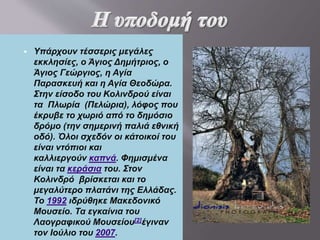  Στον Κολινδρό λειτουργεί
τράπεζα, ειρηνοδικείο,
υποθηκοφυλακείο, ταχυδρομείο,
ένα γυμνάσιο-λύκειο, δύο
δημοτικά, βρεφονηπιακός, δύο
γήπεδα ποδοσφαίρου (η τοπική
ομάδα «Αναγέννηση Κολινδρού»
αγωνίζεται στη Β΄ ερασιτεχνική
από την περίοδο 2007-08) και
μπάσκετ, κολυμβητήριο, αγροτικό
ιατρείο, πολιτιστικό κέντρο,
ΚΑΠΗ, βιβλιοθήκη, ένα
ξενοδοχείο, αθλητικό κέντρο,
ανοιχτό θέατρο, αθλητικός
ξενώνας, εστιατόρια, τρία
πολυκαταστήματα, μπαρ και
καφενεία.
 