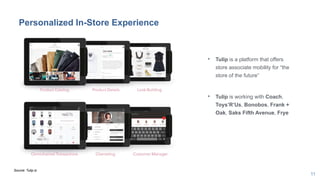11
Personalized In-Store Experience
Source: Tulip.io
• Tulip is a platform that offers
store associate mobility for “the
store of the future”
• Tulip is working with Coach,
Toys’R’Us, Bonobos, Frank +
Oak, Saks Fifth Avenue, Frye
 