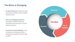 6
Fun &
Engaging
Personal
Discovery
The Store is Changing
• It’s about discovery: brands are using
showrooms and fitting rooms to replace
traditional stores
• A fun and engaging experience:
technology is enabling interactive
experiences and new ways to connect
with the consumer
• A new level of personalization: more
companies are using data to offer a
personalized experience online as well
as offline
The Store
 