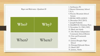 Who? Why?
When? Where?
Rigor and Relevance- Quadrant D
1. Swiftwater, PA
2. Barrett Elementary School
3. K.A.
4. Pocono Mountain School
System
5. BONG HITS 4 JESUS
6. December 2012 (2013)
7. Joseph Frederick
8. iKidzROCK Christmas Party
9. November 12, 1968 (1969)
10. Black arm bands
11. Des Moines Independent
Community School District
12. First and Fourteenth
Amend.
13. Juneau-Douglas High
School
14. Principal Deborah Morse
15. March 2007
16. Juneau, Alaska
 