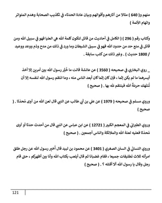 121
‫و‬ ‫منهم‬
(
640
)
‫إلمتوإتر‬ ‫وهدم‬ ‫إلصحإبة‬ ‫تكذيب‬ ‫ي‬
‫ف‬ ‫إلحدثإء‬ ‫عإدة‬ ‫وبيإن‬ ‫وأقوإلهم‬ ‫آثإرهم‬ ‫من‬ ‫مثإإل‬
‫إألئمة‬ ‫وإتهإم‬
)
‫رقم‬ ‫وكتإب‬
(
296
( )
‫ومن‬ ‫تل‬ ‫سبيل‬ ‫ي‬
‫ف‬ ‫فهو‬ ‫إلعليإ‬ ‫ي‬
‫ه‬ ‫تل‬ ‫كلمة‬‫لتكون‬ ‫قإتل‬ ‫من‬ ‫أحإديث‬ ‫ي‬
‫ف‬ ‫إلكإمل‬
‫ووعيد‬ ‫ووعد‬ ‫وذم‬ ‫مدح‬ ‫من‬ ‫ذلك‬ ‫ي‬
‫ف‬ ‫ورد‬ ‫ومإ‬ ‫إلشيطإن‬ ‫سبيل‬ ‫ي‬
‫ف‬ ‫فهو‬ ‫تل‬ ‫حدود‬ ‫من‬ ‫حد‬ ‫منع‬ ‫ي‬
‫ف‬ ‫قإتل‬
/
1800
‫حديث‬
)
.
‫سإبقة‬ ‫كتب‬‫من‬ ‫ذلك‬ ‫وغت‬
.
_
‫صحيحه‬ ‫ي‬
‫ف‬ ‫إلبخإري‬ ‫روي‬
(
3560
)
‫أخذ‬ ‫ؤإل‬ ‫أمرين‬ ‫بي‬ ‫تل‬ ‫رسول‬ ِّ
‫ت‬
ُ
‫خ‬ ‫مإ‬ ‫قإلت‬ ‫عإئشة‬ ‫عن‬
‫ؤثمإ‬ ‫يكن‬ ‫لم‬ ‫مإ‬ ‫أيشهمإ‬
،
‫منه‬ ‫إلنإس‬ ‫أبعد‬ ‫كإن‬‫ؤثمإ‬ ‫كإن‬‫فؤن‬
،
‫أن‬ ‫ؤإل‬ ‫لنفسه‬ ‫تل‬ ‫رسول‬ ‫إنتقم‬ ‫ومإ‬
‫بهإ‬ ‫ثل‬ ‫فينتقم‬ ‫تل‬
ٌ
‫ة‬ َ‫حرم‬ ‫هك‬
َ
‫نت‬
ُ
‫ت‬
.
(
‫صحيح‬
)
‫و‬
‫صحيحه‬ ‫ي‬
‫ف‬ ‫مسلم‬ ‫روي‬
(
1979
)
‫ثإ‬
َ
‫حد‬ ُ‫م‬ ‫آوى‬ ‫من‬ ‫تل‬ ‫لعن‬ ‫قإل‬ ‫ي‬
‫إلنب‬ ‫عن‬ ‫طإلب‬ ‫ي‬
‫أب‬ ‫بن‬ ‫ي‬
‫عل‬ ‫عن‬
( .
‫صحيح‬
)
‫و‬
‫إلكبت‬ ‫إلمعجم‬ ‫ي‬
‫ف‬ ‫ي‬
‫إب‬‫إلطت‬ ‫روي‬
(
12721
)
‫عبإس‬ ‫إبن‬ ‫عن‬
‫من‬ ‫قإل‬ ‫ي‬
‫إلنب‬ ‫عن‬
‫آوى‬ ‫أو‬ ‫حدثإ‬ ‫أحدث‬
‫أجمعي‬ ‫وإلنإس‬ ‫وإلمةلئكة‬ ‫تل‬ ‫لعنة‬ ‫فعليه‬ ‫ثإ‬
َ
‫حد‬ ُ‫م‬
.
(
‫صحيح‬
)
‫و‬
‫إلصغري‬ ‫إلسي‬ ‫ي‬
‫ف‬ ‫ي‬
‫ئ‬
‫إلنسإب‬ ‫روي‬
(
3401
)
‫طلق‬ ‫رجل‬ ‫عن‬ ‫تل‬ ‫رسول‬ ِ
‫خت‬
ُ
‫أ‬ ‫قإل‬ ‫لبيد‬ ‫بن‬ ‫محمود‬ ‫عن‬
‫قإم‬ ‫ر‬
‫حب‬ ، ‫كم‬
‫أظهر‬ ‫بي‬ ‫وأنإ‬ ‫تل‬ ‫بكتإب‬ ‫أيلعب‬ ‫قإل‬ ‫ثم‬ ‫غضبإنإ‬ ‫فقإم‬ ، ‫جميعإ‬ ‫تطليقإت‬ ‫ثةلث‬ ‫أته‬‫ر‬‫إم‬
‫؟‬ ‫أقتله‬ ‫أإل‬ ‫تل‬ ‫رسول‬ ‫يإ‬ ‫وقإل‬ ‫رجل‬
.
(
‫صحيح‬
)
 
