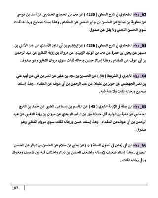 187
62
_
‫روإه‬
‫ي‬
‫إلمعإب‬ ‫ح‬ ‫ر‬
‫ش‬ ‫ي‬
‫ف‬ ‫إلطحإوي‬
(
4235
)
‫ي‬
‫موش‬ ‫بن‬ ‫أسد‬ ‫عن‬ ‫ي‬
‫م‬‫إلحض‬ ‫إلحجإج‬ ‫بن‬ ‫دمحم‬ ‫عن‬
‫إلمقدإم‬ ‫عن‬ ‫ي‬
‫إللخّم‬ ‫جإبر‬ ‫بن‬ ‫إلحسن‬ ‫عن‬ ‫صإلح‬ ‫بن‬ ‫معإوية‬ ‫عن‬
.
‫ثقإت‬ ‫ورجإله‬ ‫صحيح‬ ‫ؤسنإد‬ ‫وهذإ‬
‫صدوق‬ ‫عن‬ ‫يقل‬ ‫وإل‬ ‫ي‬
‫إللخّم‬ ‫إلحسن‬ ‫سوي‬
.
63
_
‫روإه‬
‫ي‬
‫إلمعإب‬ ‫ح‬ ‫ر‬
‫ش‬ ‫ي‬
‫ف‬ ‫إلطحإوي‬
(
4236
)
‫بن‬ ‫ي‬
‫إألعل‬ ‫عبد‬ ‫عن‬ ‫إألسدي‬ ‫دإود‬ ‫ي‬
‫أب‬ ‫بن‬ ‫إهيم‬‫ر‬‫ؤب‬ ‫عن‬
‫إلرحمن‬ ‫عبد‬ ‫عن‬ ‫ي‬
‫إلتغلب‬ ‫رؤبة‬ ‫بن‬ ‫مروإن‬ ‫عن‬ ‫إلزبيدي‬ ‫إلوليد‬ ‫بن‬ ‫دمحم‬ ‫عن‬ ‫حمزة‬ ‫بن‬ ‫ي‬
‫يحب‬ ‫عن‬‫مسهر‬
‫إلمقدإم‬ ‫عن‬ ‫عوف‬ ‫ي‬
‫أب‬ ‫بن‬
.
‫صدوق‬ ‫وهو‬ ‫ي‬
‫إلتغلب‬ ‫مروإن‬ ‫سوي‬ ‫ثقإت‬ ‫ورجإله‬ ‫حسن‬ ‫ؤسنإد‬ ‫وهذإ‬
.
64
_
‫روإه‬
‫يعة‬ ‫ر‬
‫إلش‬ ‫ي‬
‫ف‬ ‫إآلجري‬
(
84
)
‫ي‬
‫عل‬ ‫أبيه‬ ‫عن‬ ‫ي‬
‫عل‬ ‫بن‬ ‫نض‬ ‫عن‬‫عفت‬ ‫بن‬ ‫دمحم‬ ‫بن‬ ‫إلحسي‬ ‫عن‬
‫إلمقدإم‬ ‫عن‬ ‫عوف‬ ‫ي‬
‫أب‬ ‫بن‬ ‫إلرحمن‬ ‫عبد‬ ‫عن‬ ‫عثمإن‬ ‫بن‬ ‫حريز‬ ‫عن‬ ‫ي‬
‫إلجهضّم‬ ‫نض‬ ‫بن‬
.
‫ؤسنإد‬ ‫وهذإ‬
‫فيه‬ ‫علة‬ ‫وإل‬ ‫ثقإت‬ ‫ورجإله‬ ‫صحيح‬
.
65
_
‫روإه‬
‫ي‬‫إلكت‬ ‫إؤلبإنة‬ ‫ي‬
‫ف‬ ‫بطة‬ ‫إبن‬
(
48
)
‫إلفرج‬ ‫بن‬ ‫أحمد‬ ‫عن‬ ‫ي‬
‫إلضب‬ ‫ؤسمإعيل‬ ‫بن‬ ‫إلقإسم‬ ‫عن‬
‫عبد‬ ‫عن‬ ‫ي‬
‫إلتغلب‬ ‫رؤبة‬ ‫بن‬ ‫مروإن‬ ‫عن‬ ‫إلزبيدي‬ ‫إلوليد‬ ‫بن‬ ‫دمحم‬ ‫حدثنإ‬ ‫قإل‬ ‫إلوليد‬ ‫بن‬ ‫بقية‬ ‫عن‬ ‫ي‬
‫إلحمص‬
‫إلمقدإم‬ ‫عن‬ ‫عوف‬ ‫ي‬
‫أب‬ ‫بن‬ ‫إلرحمن‬
.
‫وهو‬ ‫ي‬
‫إلتغلب‬ ‫مروإن‬ ‫سوي‬ ‫ثقإت‬ ‫ورجإله‬ ‫حسن‬ ‫ؤسنإد‬ ‫وهذإ‬
‫صدوق‬
.
66
_
‫روإه‬
‫إلسنة‬ ‫أصول‬ ‫ي‬
‫ف‬ ‫زمني‬ ‫ي‬
‫أب‬ ‫إبن‬
(
6
)
‫إلحسن‬ ‫عن‬‫دينإر‬ ‫بن‬ ‫إلحسن‬ ‫عن‬ ‫سةلم‬ ‫بن‬ ‫ي‬
‫يحب‬ ‫عن‬
‫إلبضي‬
.
‫وك‬ ‫ر‬
‫ومت‬ ‫ضعيف‬ ‫بي‬ ‫فيه‬ ‫وإختلف‬‫دينإر‬ ‫بن‬ ‫إلحسن‬ ‫ولضعف‬ ‫ؤلرسإله‬ ‫ضعيف‬ ‫ؤسنإد‬ ‫وهذإ‬
‫ثقإت‬ ‫رجإله‬ ‫ي‬
‫ر‬
‫وبإف‬
.
 