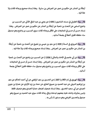 189
‫سإرية‬ ‫بن‬ ‫إلعربإض‬ ‫عن‬‫عمت‬ ‫بن‬ ‫حكيم‬ ‫عن‬‫إلمنذر‬ ‫بن‬ ‫أرطأة‬
.
‫وإل‬ ‫ثقإت‬ ‫ورجإله‬ ‫صحيح‬ ‫ؤسنإد‬ ‫وهذإ‬
‫فيه‬ ‫علة‬
.
73
_
‫روإه‬
‫إلشإميي‬ ‫مسند‬ ‫ي‬
‫ف‬ ‫ي‬
‫إب‬‫إلطت‬
(
695
)
‫بن‬ ‫إلمسيب‬ ‫عن‬ ‫ي‬
‫إألذب‬ ‫ي‬
‫ر‬
‫إلبإف‬ ‫عبد‬ ‫بن‬ ‫ي‬
‫يحب‬ ‫عن‬
‫إلعربإض‬ ‫عن‬‫عمت‬ ‫بن‬ ‫حكيم‬ ‫عن‬‫إلمنذر‬ ‫بن‬ ‫أرطأة‬ ‫عن‬ ‫شعبة‬ ‫بن‬ ‫أشعث‬ ‫عن‬ ‫ي‬
‫إلسلّم‬ ‫وإضح‬
.
‫وهذإ‬
‫صدوق‬ ‫وهو‬ ‫وإضح‬ ‫بن‬ ‫إلمسيب‬ ‫سوي‬ ‫ثقإت‬ ‫ورجإله‬ ‫إألقل‬ ‫ي‬
‫عل‬ ‫إلمتإبعإت‬ ‫ي‬
‫ف‬ ‫حسن‬ ‫أو‬ ‫حسن‬ ‫ؤسنإد‬
‫أسإنيد‬ ‫بضعة‬ ‫ي‬
‫ف‬ ‫أخطأ‬ ‫فقيل‬ ‫حفظه‬ ‫سإء‬
.
74
_
‫روإه‬
‫إلسنة‬ ‫ي‬
‫ف‬ ‫إلمروزي‬
(
439
)
‫أرطأة‬ ‫عن‬ ‫شعبة‬ ‫بن‬ ‫أشعث‬ ‫عن‬ ‫نجيح‬ ‫بن‬ ‫ي‬
‫عيس‬ ‫بن‬ ‫دمحم‬ ‫عن‬
‫إلعربإض‬ ‫عن‬‫عمت‬ ‫بن‬ ‫حكيم‬ ‫عن‬‫إلمنذر‬ ‫بن‬
.
‫فيه‬ ‫علة‬ ‫وإل‬ ‫ثقإت‬ ‫ورجإله‬ ‫صحيح‬ ‫ؤسنإد‬ ‫وهذإ‬
.
75
_
‫روإه‬
‫ي‬
‫وإلمثإب‬ ‫إآلحإد‬ ‫ي‬
‫ف‬ ‫عإصم‬ ‫ي‬
‫أب‬ ‫إبن‬
(
1336
)
‫شعبة‬ ‫بن‬ ‫أشعث‬ ‫عن‬ ‫وإضح‬ ‫بن‬ ‫إلمسيب‬ ‫عن‬
‫إلعربإض‬ ‫عن‬‫عمت‬ ‫بن‬ ‫حكيم‬ ‫عن‬‫إلمنذر‬ ‫بن‬ ‫أرطأة‬ ‫عن‬
.
‫إلمتإبعإت‬ ‫ي‬
‫ف‬ ‫حسن‬ ‫أو‬ ‫حسن‬ ‫ؤسنإد‬ ‫وهذإ‬
‫بضعة‬ ‫ي‬
‫ف‬ ‫أخطأ‬ ‫فقيل‬ ‫حفظه‬ ‫سإء‬ ‫صدوق‬ ‫وهو‬ ‫وإضح‬ ‫بن‬ ‫إلمسيب‬ ‫سوي‬ ‫ثقإت‬ ‫ورجإله‬ ‫إألقل‬ ‫ي‬
‫عل‬
‫أسإنيد‬
.
76
_
‫روإه‬
‫إلكةلم‬ ‫ذم‬ ‫ي‬
‫ف‬ ‫إلهروي‬
(
207
)
‫دمحم‬ ‫عن‬ ‫إلحإكم‬ ‫أحمد‬ ‫ي‬
‫أب‬ ‫عن‬ ‫ي‬
‫إلرفص‬ ‫دمحم‬ ‫بن‬ ‫إلحسي‬ ‫عن‬
‫جوين‬ ‫بن‬ ‫عمإرة‬ ‫عن‬ ‫إألزدي‬ ‫زيد‬ ‫بن‬ ‫حمإد‬ ‫عن‬ ‫ي‬‫إلعت‬ ‫صبيح‬ ‫بن‬ ‫إلحميد‬ ‫عبد‬ ‫عن‬ ‫ي‬
‫إلديبل‬ ‫إهيم‬‫ر‬‫ؤب‬ ‫بن‬
‫إلخدري‬ ‫سعيد‬ ‫ي‬
‫أب‬ ‫عن‬ ‫إلعبدي‬
.
‫فقط‬ ‫ضعيف‬ ‫وهو‬ ‫إلعبدي‬ ‫عمإرة‬ ‫لضعف‬ ‫ضعيف‬ ‫ؤسنإد‬ ‫وهذإ‬
‫وهو‬ ‫صبيح‬ ‫بن‬ ‫إلحميد‬ ‫عبد‬ ‫سوي‬ ‫ثقإت‬ ‫رجإله‬ ‫ي‬
‫ر‬
‫وبإف‬ ‫لبدعته‬ ‫بعضهم‬ ‫عليه‬ ‫وإشتد‬ ‫وك‬ ‫ر‬
‫بمت‬ ‫وليس‬
‫به‬ ‫بأس‬ ‫إل‬‫مستور‬ ‫وهو‬ ‫ي‬
‫إلفرص‬ ‫وإلحسي‬ ‫صدوق‬
.
 