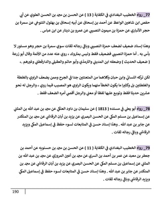 190
77
_
‫روإه‬
‫إلكفإية‬ ‫ي‬
‫ف‬ ‫إلبغدإدي‬ ‫إلخطيب‬
(
13
)
‫ي‬
‫أب‬ ‫عن‬ ‫إلعلوي‬ ‫إلحسن‬ ‫بن‬ ‫دمحم‬ ‫بن‬ ‫إلحسن‬ ‫عن‬
‫بن‬ ‫سمرة‬ ‫عن‬ ‫ي‬
‫إلتنوح‬ ‫بهلول‬ ‫بن‬ ‫ؤسحإق‬ ‫أبيه‬ ‫عن‬ ‫ؤسحإق‬ ‫بن‬ ‫أحمد‬ ‫عن‬ ‫إلوإعظ‬ ‫شإهي‬ ‫إبن‬ ‫حفص‬
‫عبإس‬ ‫إبن‬ ‫عن‬‫دينإر‬ ‫بن‬ ‫عمرو‬ ‫عن‬ ‫ي‬
‫إلنصيب‬ ‫ميمون‬ ‫بن‬ ‫حمزة‬ ‫عن‬ ‫إألنبإري‬ ‫حجر‬
.
‫إل‬‫مستور‬ ‫وهو‬‫حجر‬ ‫بن‬ ‫سمرة‬ ‫سوي‬ ‫ثقإت‬ ‫رجإله‬ ‫ي‬
‫ر‬
‫وبإف‬ ‫ي‬
‫إلنصيب‬ ‫حمزة‬ ‫لضعف‬ ‫ضعيف‬ ‫ؤسنإد‬ ‫وهذإ‬
‫به‬ ‫بأس‬
.
‫زرعة‬ ‫أبو‬ ‫وقإل‬ ‫إألئمة‬ ‫من‬ ‫عدد‬ ‫عنه‬ ‫روي‬ ، ‫وك‬ ‫ر‬
‫بمت‬ ‫وليس‬ ‫فقط‬ ‫فضعيف‬ ‫ي‬
‫إلنصيب‬ ‫حمزة‬ ‫أمإ‬
(
‫إلحديث‬ ‫ضعيف‬
)
‫هم‬‫وغت‬ ‫ي‬
‫وإلدإرقطب‬ ‫ي‬
‫وإلعقيل‬ ‫حإتم‬ ‫وأبو‬ ‫مذي‬ ‫ر‬
‫وإلت‬ ‫ي‬
‫إلمديب‬ ‫إبن‬ ‫وضعفه‬
.
،
‫بإلغلطة‬ ‫إوي‬‫ر‬‫إل‬ ‫يضعف‬ ‫وممن‬ ‫إلجرح‬ ‫ي‬
‫ف‬ ‫جدإ‬ ‫إلمتعنتي‬ ‫من‬ ‫وكةلهمإ‬ ‫حبإن‬ ‫وإبن‬ ‫ي‬
‫ئ‬
‫إلنسإب‬ ‫كه‬
‫تر‬ ‫لكن‬
‫نحو‬ ‫له‬ ‫وإلرجل‬ ، ‫روي‬ ‫فيمإ‬ ‫إلمصيب‬ ‫هو‬ ‫إوي‬‫ر‬‫إل‬ ‫ويكون‬ ‫منهمإ‬ ‫إلخطأ‬ ‫يكون‬ ‫مإ‬ ‫إ‬‫وكثت‬ ‫بل‬ ‫وإلغلطتي‬
‫فقط‬ ‫إلضعف‬ ‫أمره‬ ‫ي‬
‫أقص‬ ‫وإلرجل‬ ‫ي‬
‫معب‬ ‫أو‬ ‫لفظإ‬ ‫عليهإ‬ ‫ع‬‫وتوب‬ ‫فقط‬ ‫حديثإ‬ ‫ين‬ ‫ر‬
‫عش‬
.
78
_
‫روإه‬
‫مسنده‬ ‫ي‬
‫ف‬ ‫ي‬
‫يعل‬ ‫أبو‬
(
1813
)
‫ي‬
‫إلمثب‬ ‫بن‬ ‫تل‬ ‫عبد‬ ‫بن‬ ‫دمحم‬ ‫عن‬ ‫ي‬
‫إلعتك‬ ‫دإود‬ ‫بن‬ ‫سليمإن‬ ‫عن‬
‫إلمنكدر‬ ‫بن‬ ‫دمحم‬ ‫عن‬ ‫ي‬
‫ر‬
‫إلرقإش‬ ‫أبإن‬ ‫بن‬ ‫يزيد‬ ‫عن‬ ‫إلبضي‬ ‫إلحسن‬ ‫عن‬ ‫ي‬
‫إلمك‬ ‫مسلم‬ ‫بن‬ ‫ؤسمإعيل‬ ‫عن‬
‫تل‬ ‫عبد‬ ‫بن‬ ‫جإبر‬ ‫عن‬
.
‫ويزيد‬ ‫ي‬
‫إلمك‬ ‫ؤسمإعيل‬ ‫ي‬
‫ف‬ ‫حفظ‬ ‫لسوء‬ ‫إلمتإبعإت‬ ‫ي‬
‫ف‬ ‫حسن‬ ‫ؤسنإد‬ ‫وهذإ‬
‫ثقإت‬ ‫رجإله‬ ‫ي‬
‫ر‬
‫وبإف‬ ‫ي‬
‫ر‬
‫إلرقإش‬
.
79
_
‫روإه‬
‫إلكفإية‬ ‫ي‬
‫ف‬ ‫إلبغدإدي‬ ‫إلخطيب‬
(
11
)
‫بن‬ ‫أحمد‬ ‫عن‬ ‫حسنويه‬ ‫بن‬ ‫دمحم‬ ‫بن‬ ‫إلحسن‬ ‫عن‬
‫بن‬ ‫تل‬ ‫عبد‬ ‫بن‬ ‫دمحم‬ ‫عن‬ ‫إلمروزي‬ ‫أعي‬ ‫بن‬ ‫دمحم‬ ‫عن‬ ‫إلشي‬ ‫بن‬ ‫أحمد‬ ‫بن‬ ‫عمر‬ ‫عن‬ ‫معبد‬ ‫بن‬ ‫جعفر‬
‫بن‬ ‫دمحم‬ ‫عن‬ ‫ي‬
‫ر‬
‫إلرقإش‬ ‫أبإن‬ ‫بن‬ ‫يزيد‬ ‫عن‬ ‫إلبضي‬ ‫إلحسن‬ ‫عن‬ ‫ي‬
‫إلمك‬ ‫مسلم‬ ‫بن‬ ‫ؤسمإعيل‬ ‫عن‬ ‫ي‬
‫إلمثب‬
‫تل‬ ‫عبد‬ ‫بن‬ ‫جإبر‬ ‫عن‬‫إلمنكدر‬
.
‫ي‬
‫إلمك‬ ‫ؤسمإعيل‬ ‫ي‬
‫ف‬ ‫حفظ‬ ‫لسوء‬ ‫إلمتإبعإت‬ ‫ي‬
‫ف‬ ‫حسن‬ ‫ؤسنإد‬ ‫وهذإ‬
‫ثقإت‬ ‫رجإله‬ ‫ي‬
‫ر‬
‫وبإف‬ ‫ي‬
‫ر‬
‫إلرقإش‬ ‫ويزيد‬
.
 