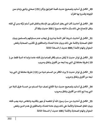 202
49
_
‫كر‬ِ
‫وذ‬ ‫إنيق‬‫ر‬‫إلغ‬ ‫قصة‬ ‫حديث‬ ‫وتصحيح‬ ‫أسإنيد‬ ‫ي‬
‫ف‬ ‫إلكإمل‬
(
25
)
‫ممن‬ ‫وإمإم‬ ‫ي‬
‫وتإبع‬ ‫ي‬
‫صحإب‬
‫إلقرآن‬ ‫بهإ‬ ‫وإ‬ ّ
‫وفش‬ ‫لوهإ‬ِ‫قب‬
50
_
‫قتله‬ ‫ي‬
َ
‫أب‬ ‫ومن‬ ‫كه‬
‫تر‬ ‫أسلم‬ ‫فمن‬ ‫وإلقتل‬ ‫إؤلسةلم‬ ‫بي‬ ‫كي‬ ‫ر‬
‫إلمش‬ ّ
‫يخت‬ ‫ي‬
‫إلنب‬ ‫كإن‬‫أحإديث‬ ‫ي‬
‫ف‬ ‫إلكإمل‬
‫منسوخ‬ ‫قبله‬ ‫مإ‬ ‫وأن‬ ‫ذلك‬ ‫ي‬
‫عل‬ ‫إؤلجمإع‬ ‫ونقل‬
/
350
‫و‬ ‫حديث‬
50
‫أثر‬
51
_
‫وبيإن‬ ‫بإلمسلمي‬ ‫مسإوإتهم‬ ‫عدم‬ ‫ؤيجإب‬ ‫ي‬
‫ف‬ ‫ورد‬ ‫ومإ‬ ‫إلذمة‬ ‫أهل‬ ‫وط‬ ‫ر‬
‫ش‬ ‫أحإديث‬ ‫ي‬
‫ف‬ ‫إلكإمل‬
‫ونقض‬ ‫إلصحإبة‬ ‫تكذيب‬ ‫ي‬
‫ف‬ ‫وإلمنإفقي‬ ‫إلحدثإء‬ ‫عإدة‬ ‫وبيإن‬ ‫ذلك‬ ‫ي‬
‫عل‬ ‫وإألئمة‬ ‫إلصحإبة‬ ‫إتفإق‬
‫إألئمة‬ ‫وإتهإم‬‫إلمتوإتر‬
/
800
‫حديث‬
/
‫إلثإلثة‬ ‫إلنسخة‬
52
_
‫من‬ ‫فقط‬ ‫إلدية‬ ‫له‬ ‫وإنمإ‬ ‫عإمدإ‬ ‫قتله‬ ‫وإن‬ ‫قصإصإ‬ ‫بكإفر‬ ‫مسلم‬ ‫قتل‬
ُ
‫ي‬ ‫إل‬ ‫حديث‬ ‫توإتر‬ ‫ي‬
‫ف‬ ‫إلكإمل‬
(
19
)
‫وحروب‬ ‫ونفإق‬ ‫أقإويل‬ ‫من‬ ‫تبعه‬ ‫ومإ‬ ‫ي‬
‫إلنب‬ ‫ي‬
‫ؤل‬ ‫مختلفإ‬ ‫طريقإ‬
53
_
‫من‬ ‫شيئإ‬ ‫إلمسلم‬ ‫من‬ ‫إلكإفر‬ ‫يرث‬ ‫إل‬ ‫حديث‬ ‫توإتر‬ ‫ي‬
‫ف‬ ‫إلكإمل‬
(
13
)
‫ومإ‬ ‫ي‬
‫إلنب‬ ‫ي‬
‫ؤل‬ ‫مختلفإ‬ ‫طريقإ‬
‫وحروب‬ ‫ونفإق‬ ‫أقإويل‬ ‫من‬ ‫تبعه‬
54
_
‫عن‬ ‫ثإبتة‬ ‫طرق‬ ‫خمسة‬ ‫من‬ ‫إلمسلم‬ ‫دية‬ ‫نصف‬ ِّ
‫ي‬
‫إلكتإب‬ ‫دية‬ ‫حديث‬ ‫وتصحيح‬ ‫أسإنيد‬ ‫ي‬
‫ف‬ ‫إلكإمل‬
‫وحروب‬ ‫ونفإق‬ ‫أقإويل‬ ‫من‬ ‫ذلك‬ ‫تبع‬ ‫ومإ‬ ‫ي‬
‫إلنب‬
55
_
‫قتله‬ ‫يجب‬ ‫دينه‬ ‫وإنتقإص‬ ‫بتكذيبه‬ ‫جهر‬ ‫أو‬ ‫إنتقصه‬ ‫أو‬ ‫تل‬ ‫رسول‬ َّ
‫سب‬ ‫من‬ ‫أحإديث‬ ‫ي‬
‫ف‬ ‫إلكإمل‬
‫ونقض‬ ‫إلدين‬ ‫هدم‬ ‫ي‬
‫ف‬ ‫وإلمنإفقي‬ ‫إلحدثإء‬ ‫عإدة‬ ‫وبيإن‬ ‫ذلك‬ ‫ي‬
‫عل‬ ‫وإألئمة‬ ‫إلصحإبة‬ ‫إتفإق‬ ‫وبيإن‬
‫وإألئمة‬ ‫إلصحإبة‬ ‫وإتهإم‬‫إلمتوإتر‬
/
100
‫حديث‬
/
‫إلثإلثة‬ ‫إلنسخة‬
 