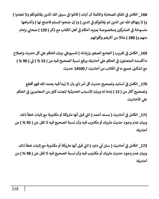 218
168
_
‫آيإت‬ ‫أن‬ ‫وإألئمة‬ ‫إلصحإبة‬ ‫إتفإق‬ ‫ي‬
‫ف‬ ‫إلكإمل‬
(
‫تعتدوإ‬ ‫وإل‬ ‫يقإتلونكم‬ ‫إلذين‬ ‫تل‬ ‫سبيل‬ ‫ي‬
‫ف‬ ‫قإتلوإ‬
)
‫و‬
(
‫إلدين‬ ‫ي‬
‫ف‬ ‫يقإتلوكم‬ ‫لم‬ ‫إلذين‬ ‫عن‬ ‫تل‬ ‫ينهإكم‬ ‫إل‬
)
‫و‬
(
‫لهإ‬ ‫فإجنح‬ ‫للسلم‬ ‫جنحوإ‬ ‫ؤن‬
)
‫وأشبإههإ‬
‫كر‬ِ
‫ذ‬ ‫مع‬ ‫إلكتإب‬ ‫أهل‬ ‫ي‬
‫ف‬ ‫أحكإم‬ ‫بمزيد‬ ‫ومخصوصة‬ ‫كي‬ ‫ر‬
‫إلمش‬ ‫ي‬
‫ف‬ ‫منسوخة‬
(
120
)
‫وإمإم‬ ‫ي‬
‫صحإب‬
‫و‬ ‫منهم‬
(
280
)
‫وأقوإلهم‬ ‫آثإرهم‬ ‫من‬ ‫مثإإل‬
169
_
‫تقريب‬ ‫ي‬
‫ف‬ ‫إلكإمل‬
(
‫وزيإدته‬‫إلصغت‬ ‫إلجإمع‬
)
‫وإصةلح‬ ‫حديث‬ ‫كل‬ ‫ي‬
‫عل‬ ‫إلحكم‬ ‫ببيإن‬ ‫ي‬
‫للسيوط‬
‫من‬ ‫فيه‬ ‫إلصحيح‬ ‫نسبة‬ ‫ورفع‬ ‫أحإديثه‬ ‫ي‬
‫عل‬ ‫إلحكم‬ ‫ي‬
‫ف‬ ‫إلمتعنتون‬ ‫أفسده‬ ‫مإ‬
(
55
%
)
‫ي‬
‫ؤل‬
(
90
) %
‫أحإديث‬ ‫من‬ ‫إلكتإب‬ ‫ي‬
‫ف‬ ‫مإ‬ ‫جميع‬ ‫تشكيل‬ ‫مع‬
/
14500
‫حديث‬
170
_
‫أقطع‬ ‫فهو‬ ‫تل‬ ‫بحمد‬ ‫فيه‬ ‫بدأ‬
ُ
‫ي‬ ‫إل‬ ‫بإل‬ ‫ذي‬ ‫أمر‬ ‫كل‬‫حديث‬ ‫وتصحيح‬ ‫أسإنيد‬ ‫ي‬
‫ف‬ ‫إلكإمل‬
‫من‬ ‫ر‬
‫أكت‬ ‫وتصحيح‬
(
15
)
‫إلحكم‬ ‫ي‬
‫ف‬ ‫إلمعإضين‬ ‫من‬ ‫كثت‬‫لتعنت‬ ‫إلحديثية‬ ‫إألسبإب‬ ‫وبيإن‬ ‫له‬ ‫ؤمإمإ‬
‫إألحإديث‬ ‫ي‬
‫عل‬
171
_
‫إلكإمل‬
‫أحإديث‬ ‫ي‬
‫ف‬
(
‫أحمد‬ ‫مسند‬
)
‫ذلك‬ ‫خطأ‬ ‫ؤثبإت‬ ‫مع‬ ‫مكذوبة‬ ‫أو‬ ‫وكة‬ ‫ر‬
‫مت‬ ‫أنهإ‬ ‫قيل‬ ‫ي‬
‫ر‬
‫إلب‬
‫عن‬ ‫تقل‬ ‫إل‬ ‫فيه‬ ‫إلصحيح‬ ‫نسبة‬ ‫وأن‬ ‫فيه‬ ‫مكذوب‬ ‫أو‬ ‫وك‬ ‫ر‬
‫مت‬ ‫حديث‬ ‫وجود‬ ‫عدم‬ ‫وبيإن‬
(
95
%
)
‫من‬
‫أحإديثه‬
172
_
‫إلكإمل‬
‫أحإديث‬ ‫ي‬
‫ف‬
(
‫دإود‬ ‫ي‬
‫أب‬ ‫سي‬
)
‫ذلك‬ ‫خطأ‬ ‫ؤثبإت‬ ‫مع‬ ‫مكذوبة‬ ‫أو‬ ‫وكة‬ ‫ر‬
‫مت‬ ‫أنهإ‬ ‫قيل‬ ‫ي‬
‫ر‬
‫إلب‬
‫عن‬ ‫تقل‬ ‫إل‬ ‫فيه‬ ‫إلصحيح‬ ‫نسبة‬ ‫وأن‬ ‫فيه‬ ‫مكذوب‬ ‫أو‬ ‫وك‬ ‫ر‬
‫مت‬ ‫حديث‬ ‫وجود‬ ‫عدم‬ ‫وبيإن‬
(
98
%
)
‫من‬
‫أحإديثه‬
 